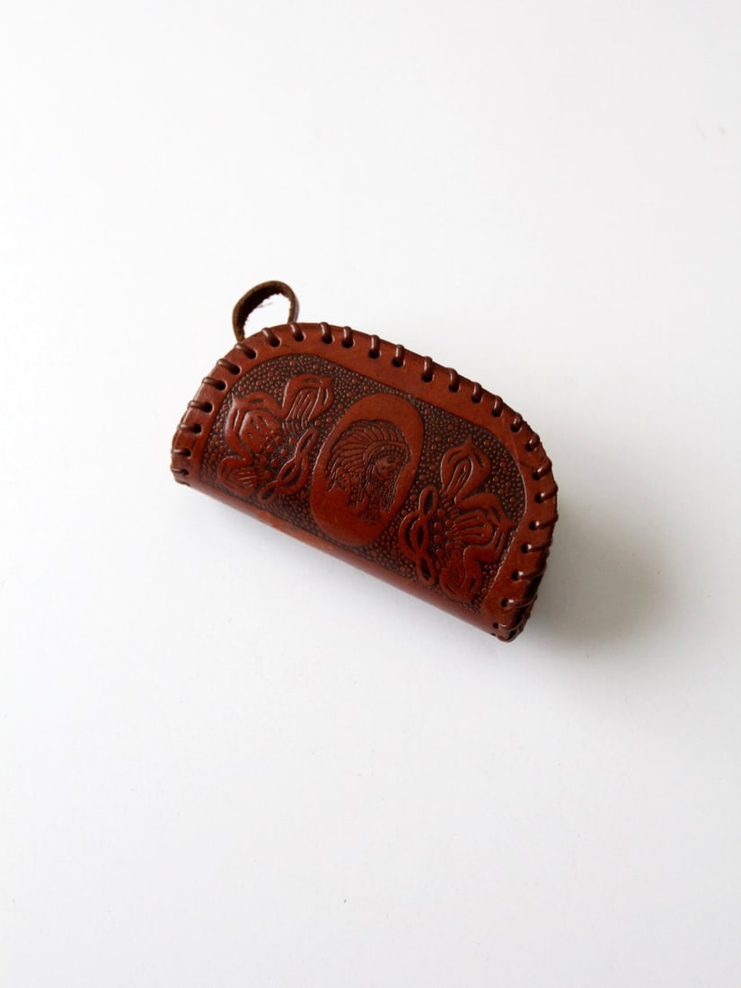 1970s Vintage Tooled Leather Coin Bag Indian Chief Design (1 of 4)