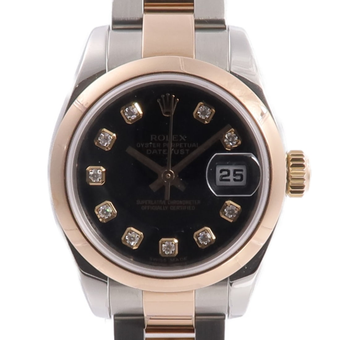 Rolex 179161G Datejust automatic wristwatch steel 18K pink gold diamond: Rolex 179161G Datejust automatic wristwatch steel 18K pink gold diamond ROLEX Datejust Automatic Watch model 179161G with a stainless steel and 18K pink gold case, diamond accents, and a black Oyster-
