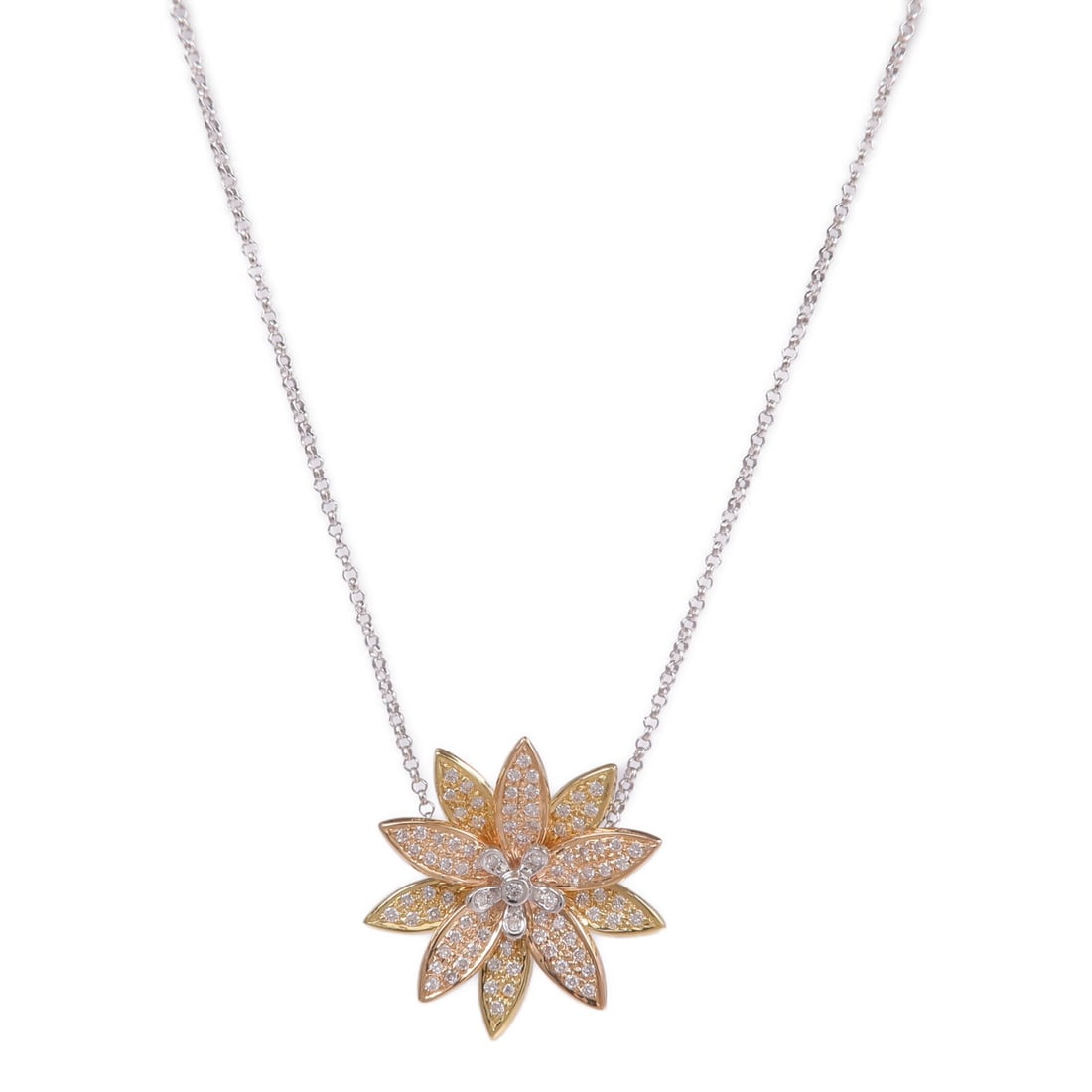 JEWELRY Diamond Necklace 18K Tri Color Gold 0.45ct: JEWELRY Diamond Necklace 18K Tri Color Gold 0.45ct Diamond necklace in K18 yellow gold, K18WG white gold, and K18 pink gold with diamond accents. Designed for women, it features a clear color presenta