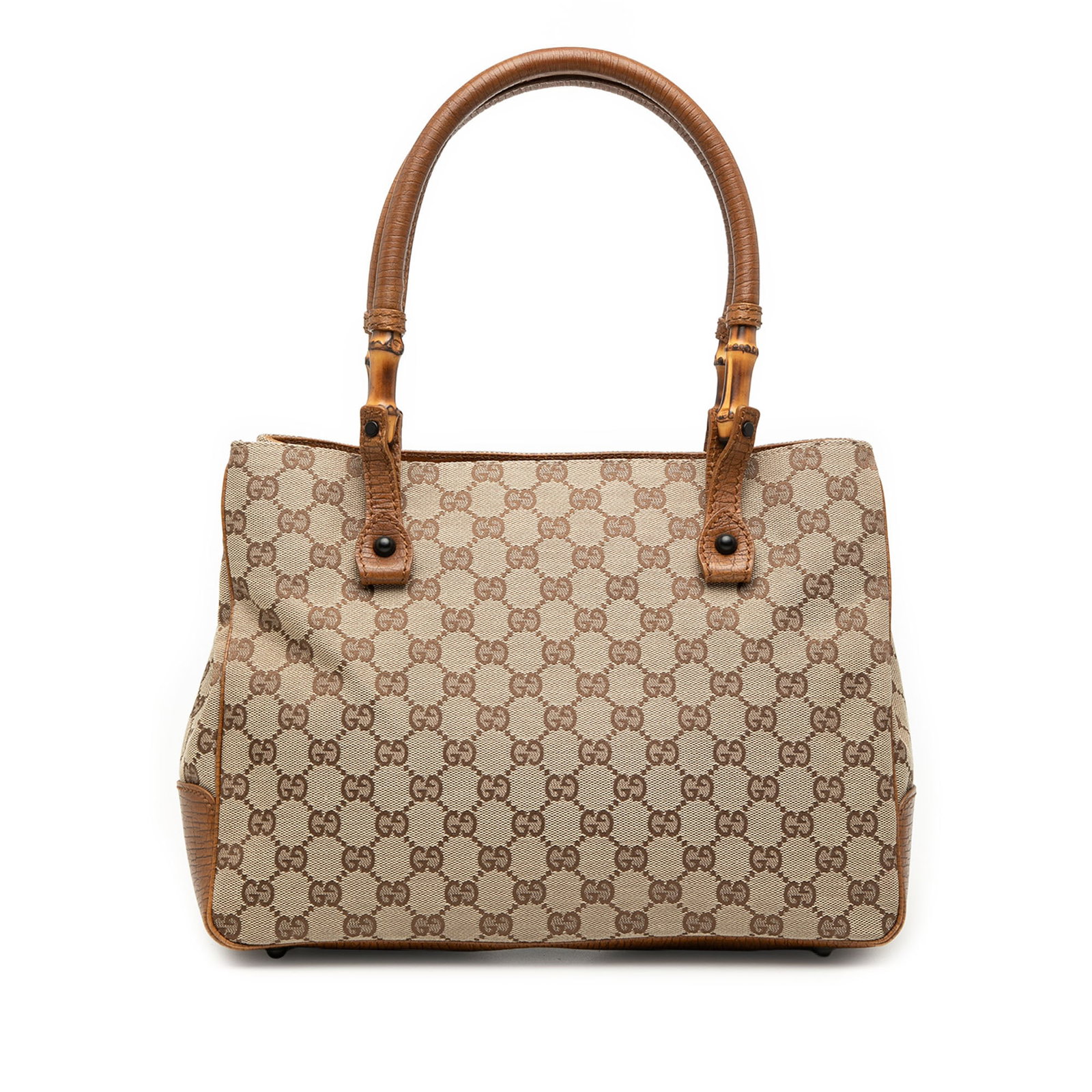 Gucci GG Canvas Bamboo Tote Bag with Leather Trim: Gucci GG Canvas Bamboo Tote Bag with Leather Trim Gucci GG Canvas Bamboo Tote in beige canvas with leather trim and rolled leather handles accented by bamboo details. The bag has an open top and inter
