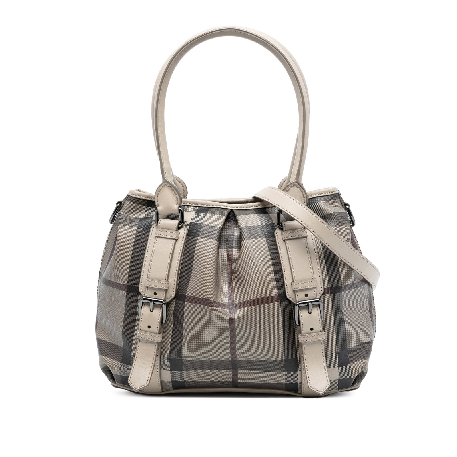 Burberry Northfield Small Plaid Canvas Satchel with Leather Trim: Burberry Northfield Small Plaid Canvas Satchel with Leather Trim This Burberry Small Smoke Check Northfield Satchel features the signature plaid coated canvas with leather trim and buckle details. It 