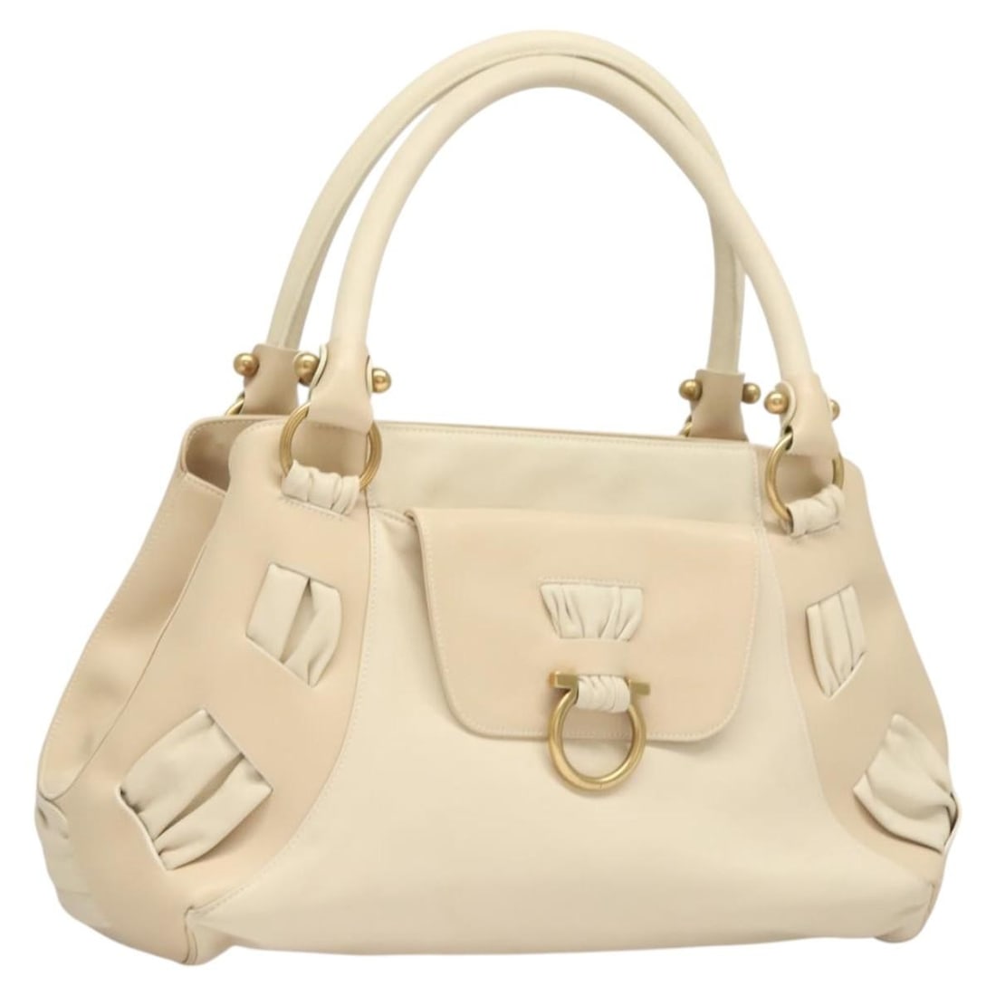 Ivory Leather Gancini Shoulder Bag by Salvatore Ferragamo Italy: Ivory Leather Gancini Shoulder Bag by Salvatore Ferragamo Italy This Salvatore Ferragamo Gancini shoulder bag features an elegant ivory leather exterior accented with gold-tone details. Designed for w