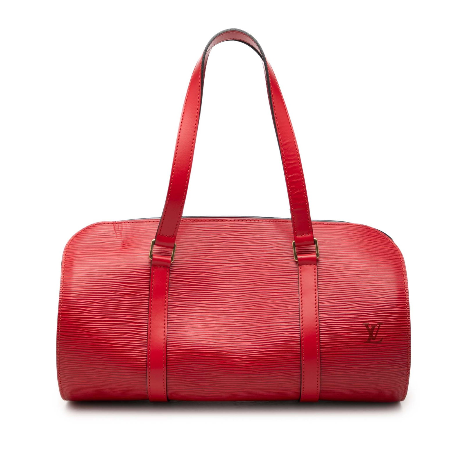 Louis Vuitton Epi Soufflot Red Leather Handbag: Louis Vuitton Epi Soufflot Red Leather Handbag This Louis Vuitton Epi Soufflot is crafted in red epi leather with flat leather handles, a top zip closure, and an interior slip pocket. Made in France, 