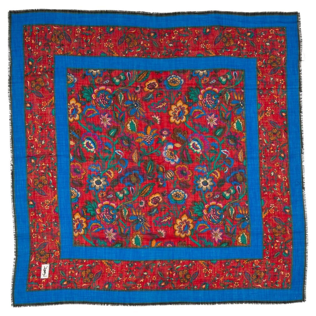 Yves Saint Laurent Vintage Wool Silk Shawl Red Blue Floral: Yves Saint Laurent Vintage Wool Silk Shawl Red Blue Floral This exquisite shawl by Yves Saint Laurent showcases a stunning red and blue flower pattern, perfect for adding a touch of elegance to any ou