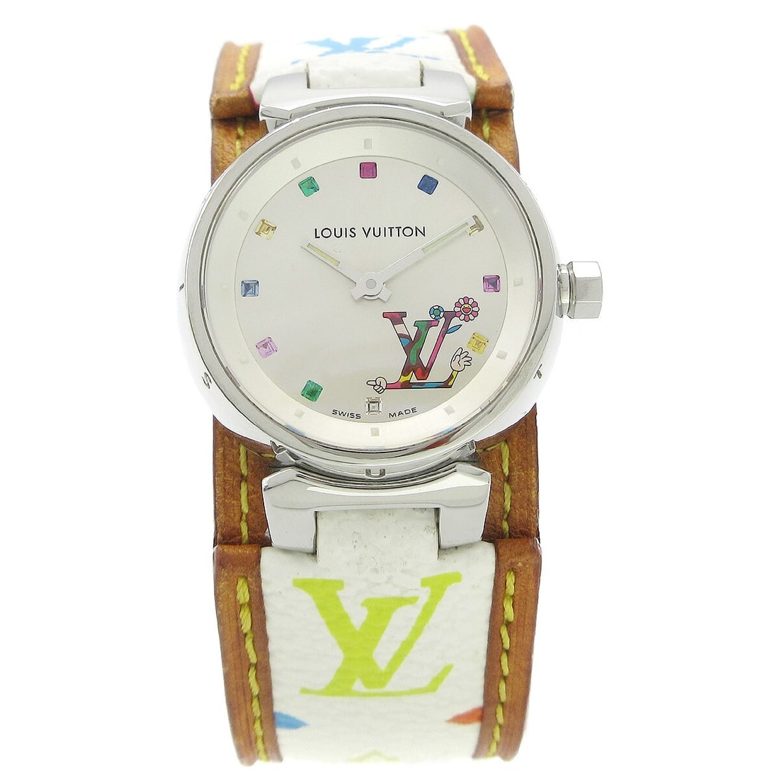 Louis Vuitton Tambour Q12130 womens quartz watch with Murakami box case: Louis Vuitton Tambour Q12130 womens quartz watch with Murakami box case Louis Vuitton Tambour quartz wristwatch for women, featuring an analog display and Swiss-made movement. The watch has a silver s
