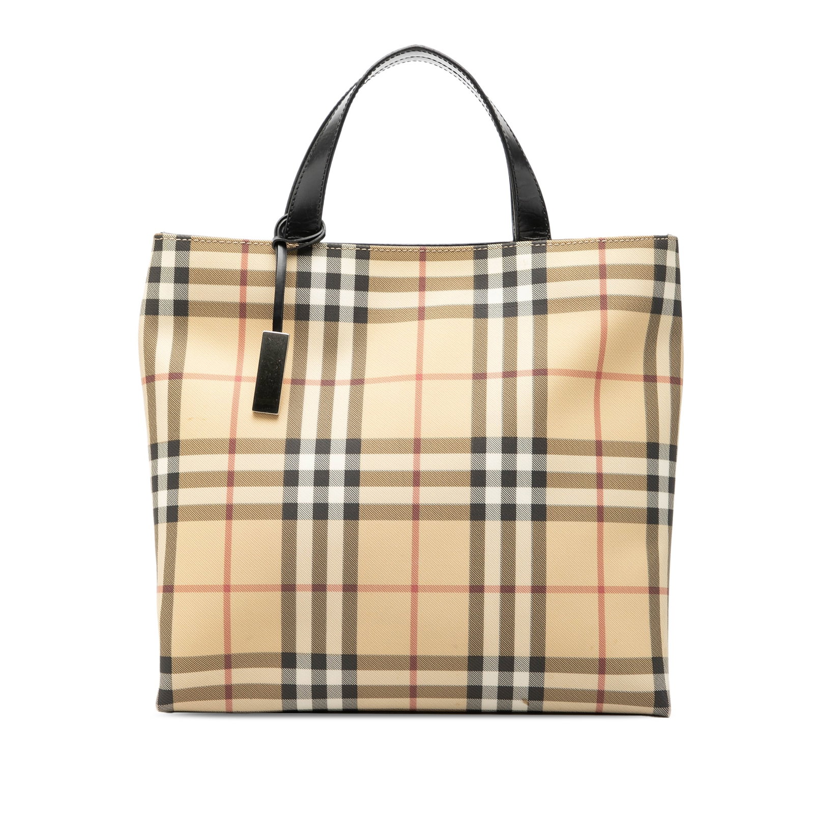 Burberry House Check Tote Bag in Coated Canvas: Burberry House Check Tote Bag in Coated Canvas Burberry House Check Coated Canvas Tote in beige, made with a coated canvas body and flat leather handles. It features an open top with magnetic snap clo