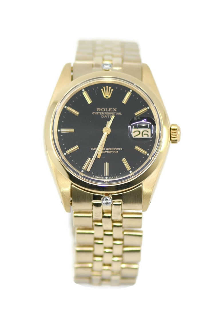 Rolex Oyster Perpetual Date 14K Yellow Gold Watch Ref 1500 with Box: Rolex Oyster Perpetual Date 14K Yellow Gold Watch Ref 1500 with Box This exquisite Rolex Oyster Perpetual Date watch is a stunning example of luxury craftsmanship. Featuring a classic 14K yellow gold 