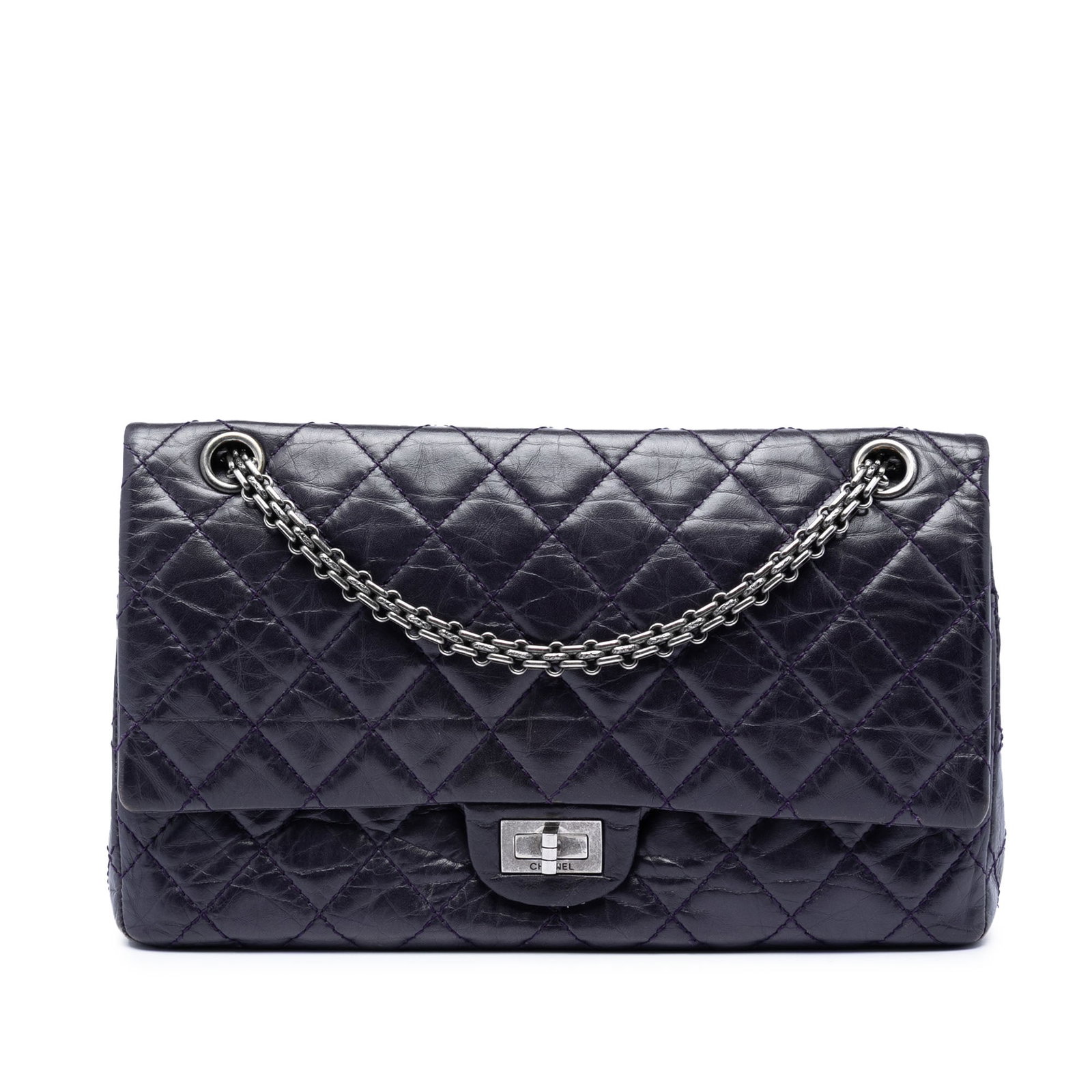 Chanel Reissue 2.55 226 Quilted Aged Calfskin Shoulder Bag Purple: Chanel Reissue 2.55 226 Quilted Aged Calfskin Shoulder Bag Purple Chanel Quilted Aged Calfskin Reissue 2.55 Double Flap 226 shoulder bag in purple leather, made in France. It features an aged calfskin