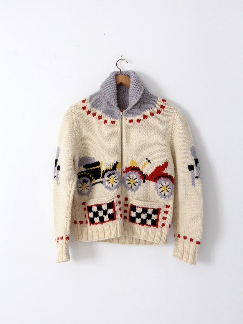1950s Cowichan Style Cardigan with Antique Car Motif (1 of 6)
