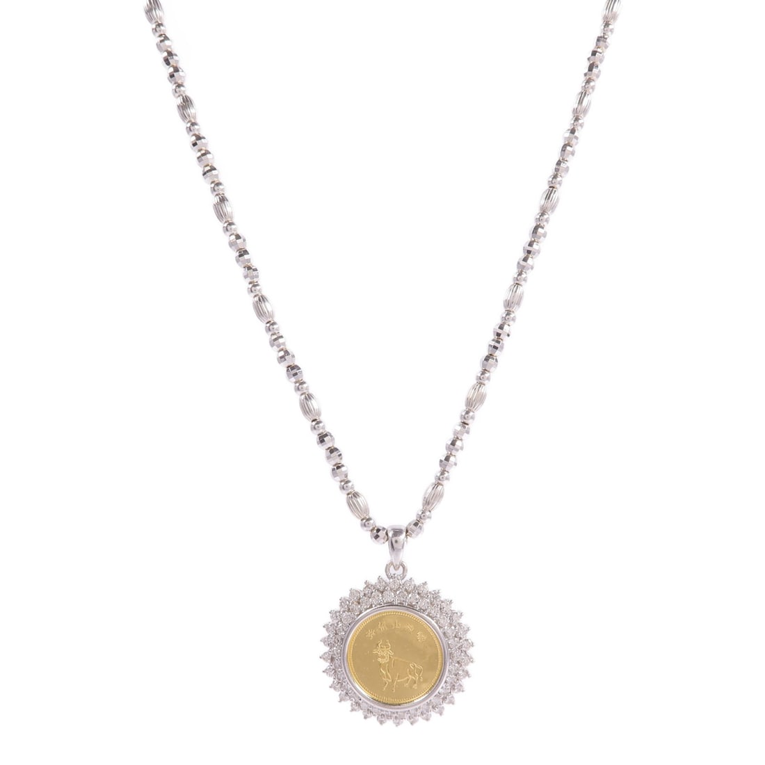 Diamond Necklace in 18K White Gold and 24K Yellow Gold: Diamond Necklace in 18K White Gold and 24K Yellow Gold A unisex necklace featuring diamond accents with K18WG white gold and 24K yellow gold details. The piece is described as a regular-size necklace 