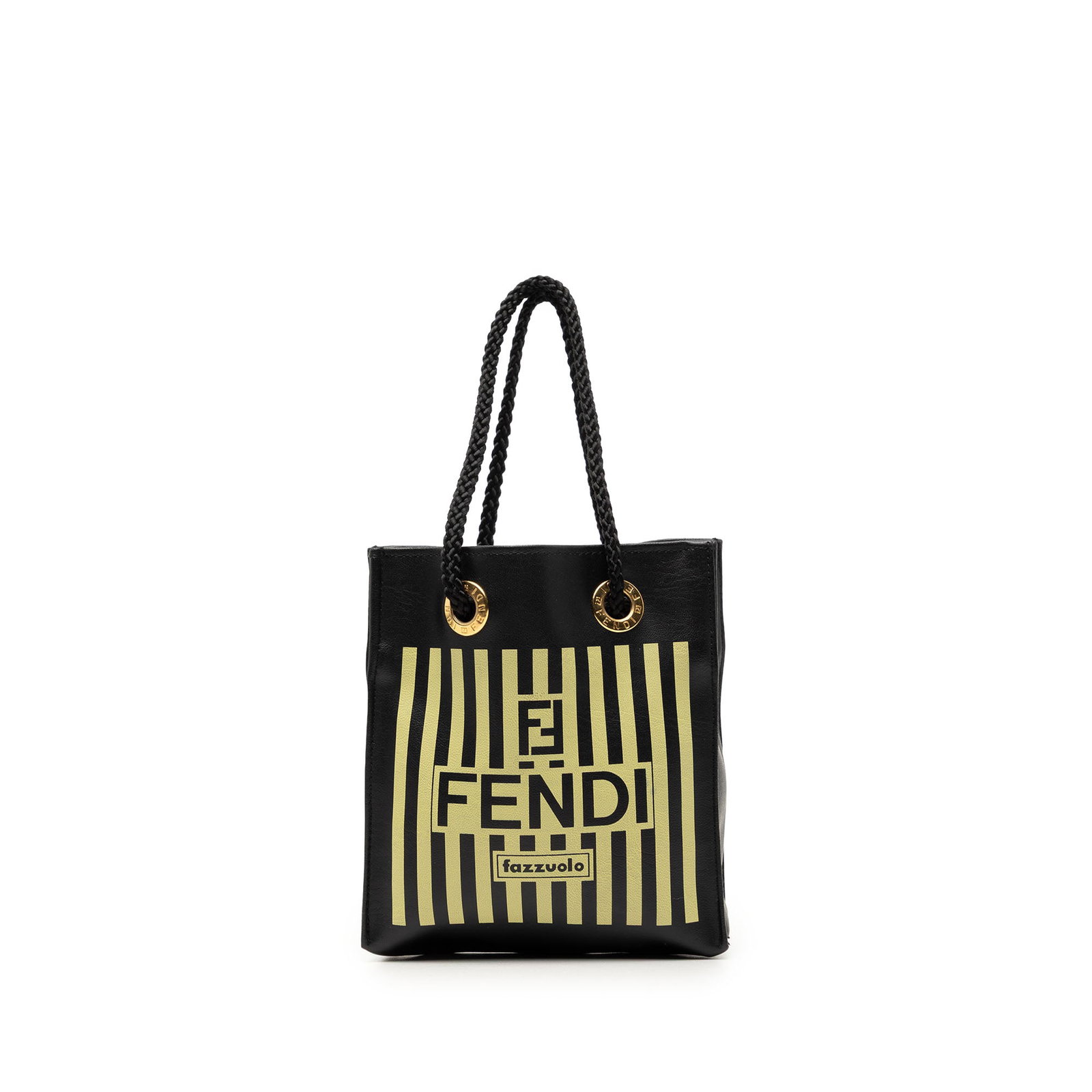 Fendi Fazzuolo Mini Leather Top Handle Bag Black: Fendi Fazzuolo Mini Leather Top Handle Bag Black This Fendi Mini Leather Fazzuolo Handbag is crafted in black leather with a printed leather body, rolled handles, and an open top. Made in Italy, it is