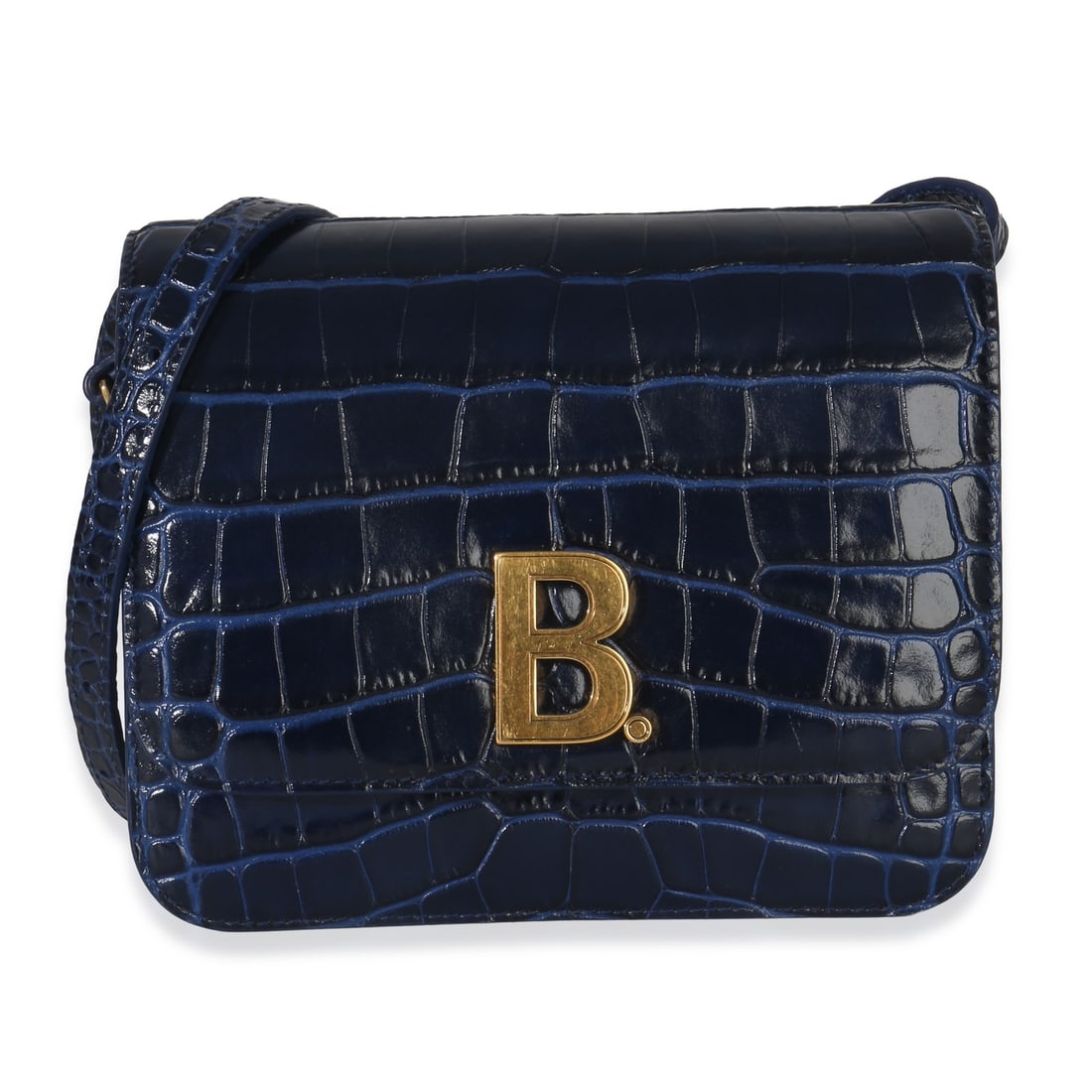 Balenciaga B Croc Small Blue Exotic Shoulder Bag: Balenciaga B Croc Small Blue Exotic Shoulder Bag This Balenciaga B. Navy Croc Small Shoulder Bag is crafted in Italy from exotic material in a striking blue hue. It features a structured silhouette wi