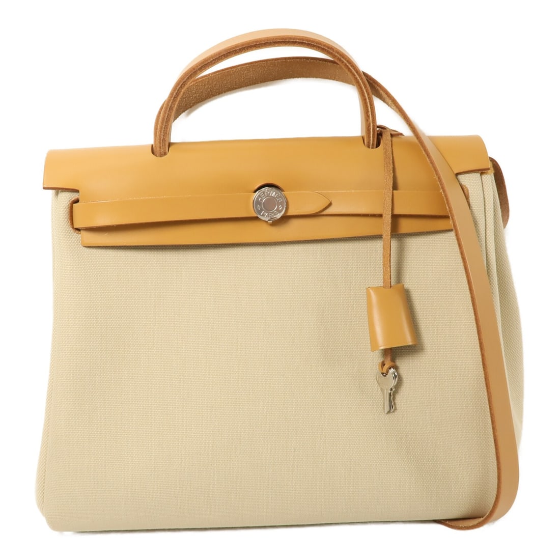 Hermes Herbag PM 2 Way Shoulder Bag Toile H Canvas Beton Fauve PHW: Hermes Herbag PM 2 Way Shoulder Bag Toile H Canvas Beton Fauve PHW Hermes Herbag PM 2 Way Shoulder Bag in Toile H canvas and canvas, presented in Beton/Fauve with beige and brown tones. This bag featu