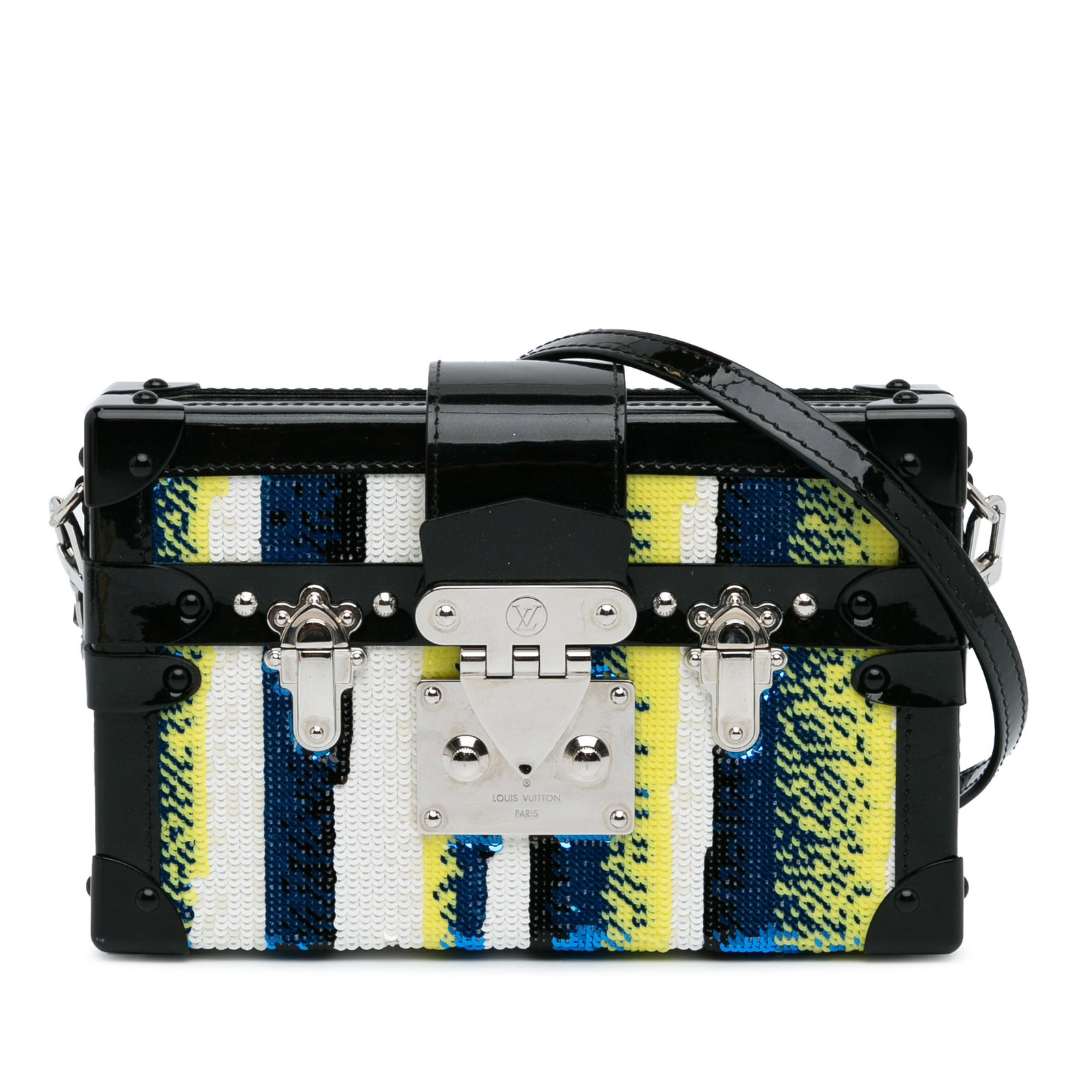 Louis Vuitton Black Sequins Petite Malle Patent Leather Bag: Louis Vuitton Black Sequins Petite Malle Patent Leather Bag The Louis Vuitton Sequins Petite Malle is a chic and stylish bag crafted from patent leather, adorned with eye-catching sequins. This elegan