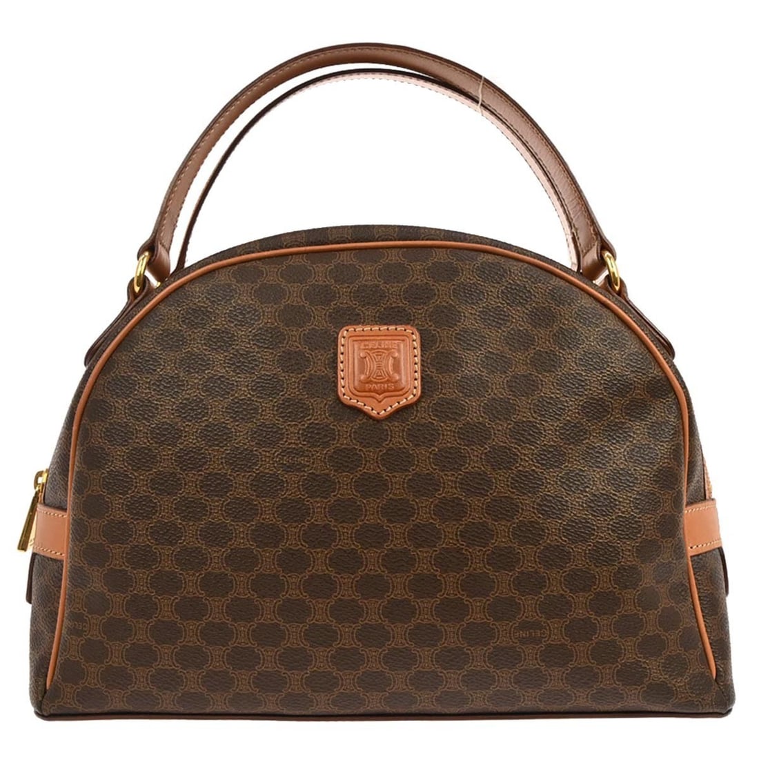 CELINE Macadam Brown PVC Leather Top Handle Bag Italy: CELINE Macadam Brown PVC Leather Top Handle Bag Italy Celine Macadam top handle handbag in brown with a zip closure, double handles, and logo accents. Made in Italy from PVC and leather, this medium h