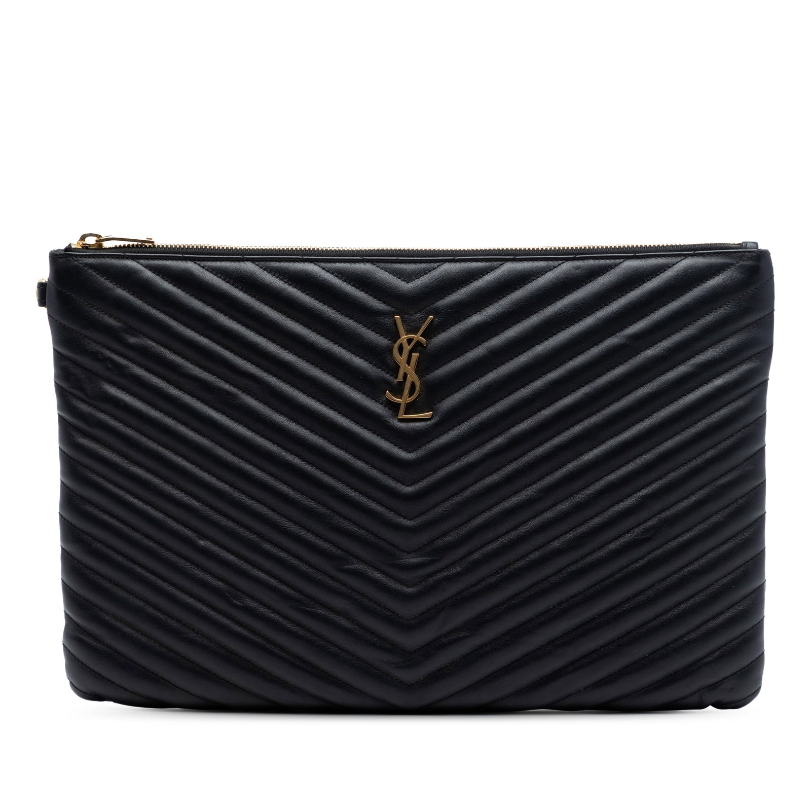 Black Leather Quilted Monogram Clutch by Saint Laurent: Black Leather Quilted Monogram Clutch by Saint Laurent This Saint Laurent clutch bag features a black quilted leather body with a chevron pattern, a top zip closure, and interior slip pockets. The bag