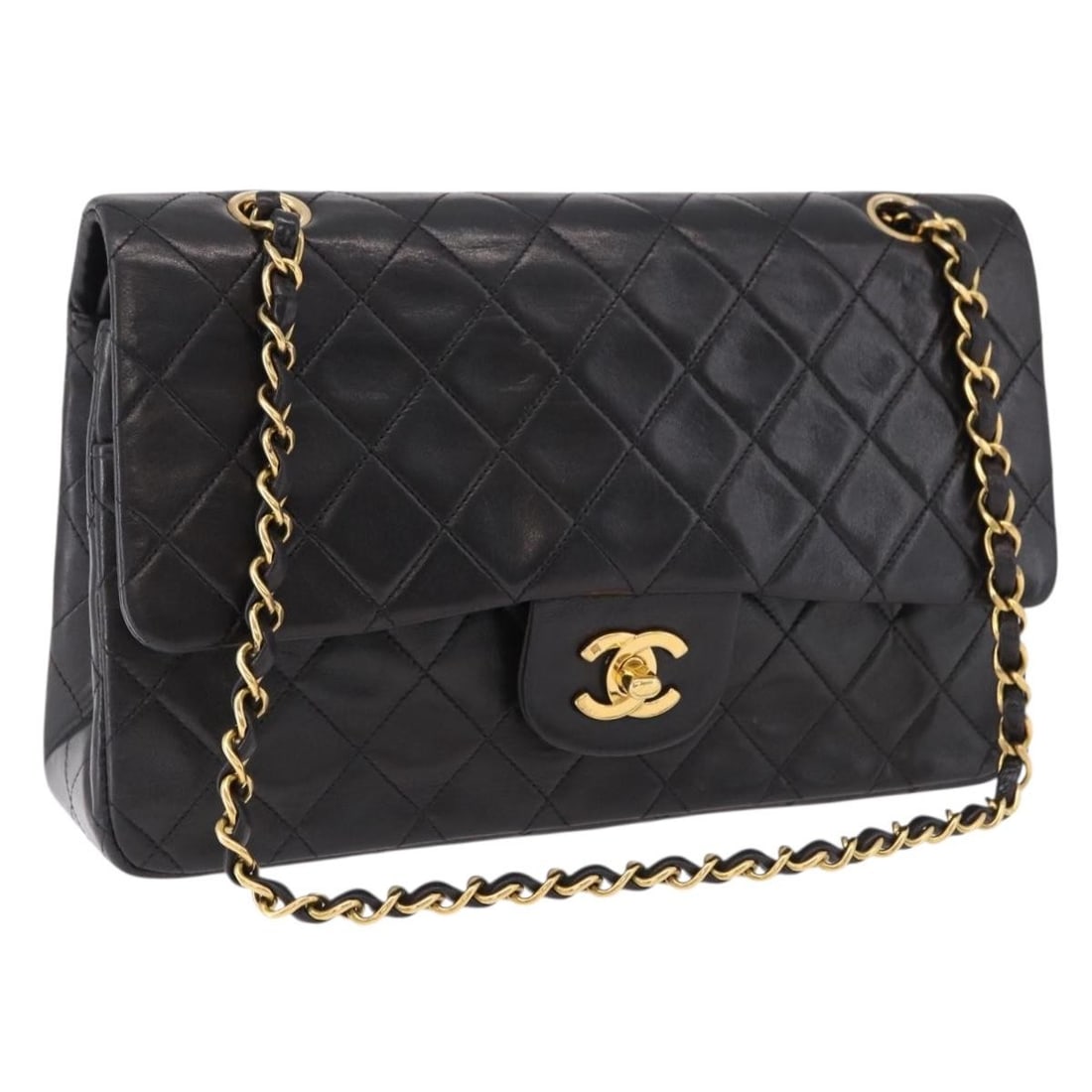 CHANEL Matelasse 25 Lambskin Shoulder Bag Black Gold Tone CC: CHANEL Matelasse 25 Lambskin Shoulder Bag Black Gold Tone CC A CHANEL Matelasse 25 shoulder bag in black lamb skin with gold-tone details. It includes a guarantee card and was made in France. The bag 