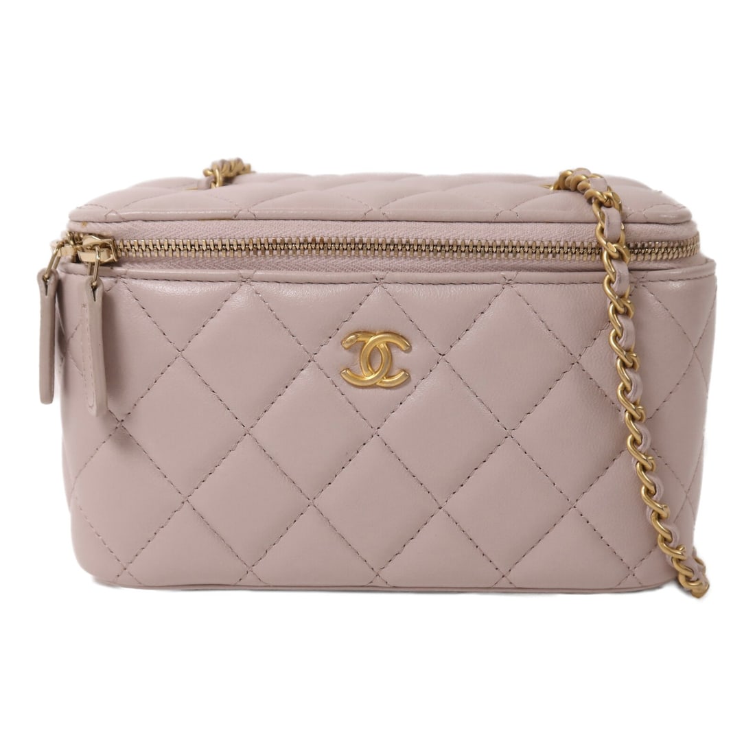 CHANEL Gold Ball Vanity Case Shoulder Bag Lambskin Purple GHW: CHANEL Gold Ball Vanity Case Shoulder Bag Lambskin Purple GHW Vanity case chain shoulder bag crafted from lambskin (sheep leather) in a purple/light purple color. It features a gold ball detail, CC ha