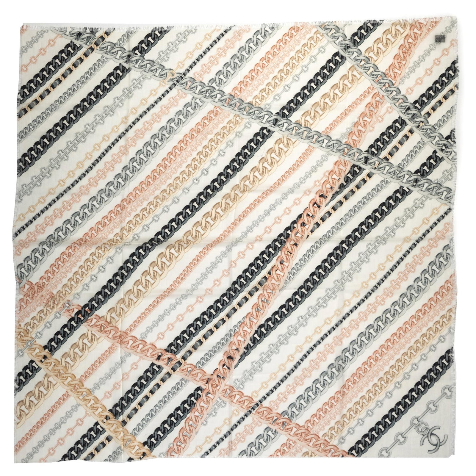 Chanel 54in Cashmere Silk Shawl with Chains Design: Chanel 54in Cashmere Silk Shawl with Chains Design This exquisite shawl from Chanel features a luxurious blend of cashmere and silk, showcasing a sophisticated white and grey chains design. Perfect fo