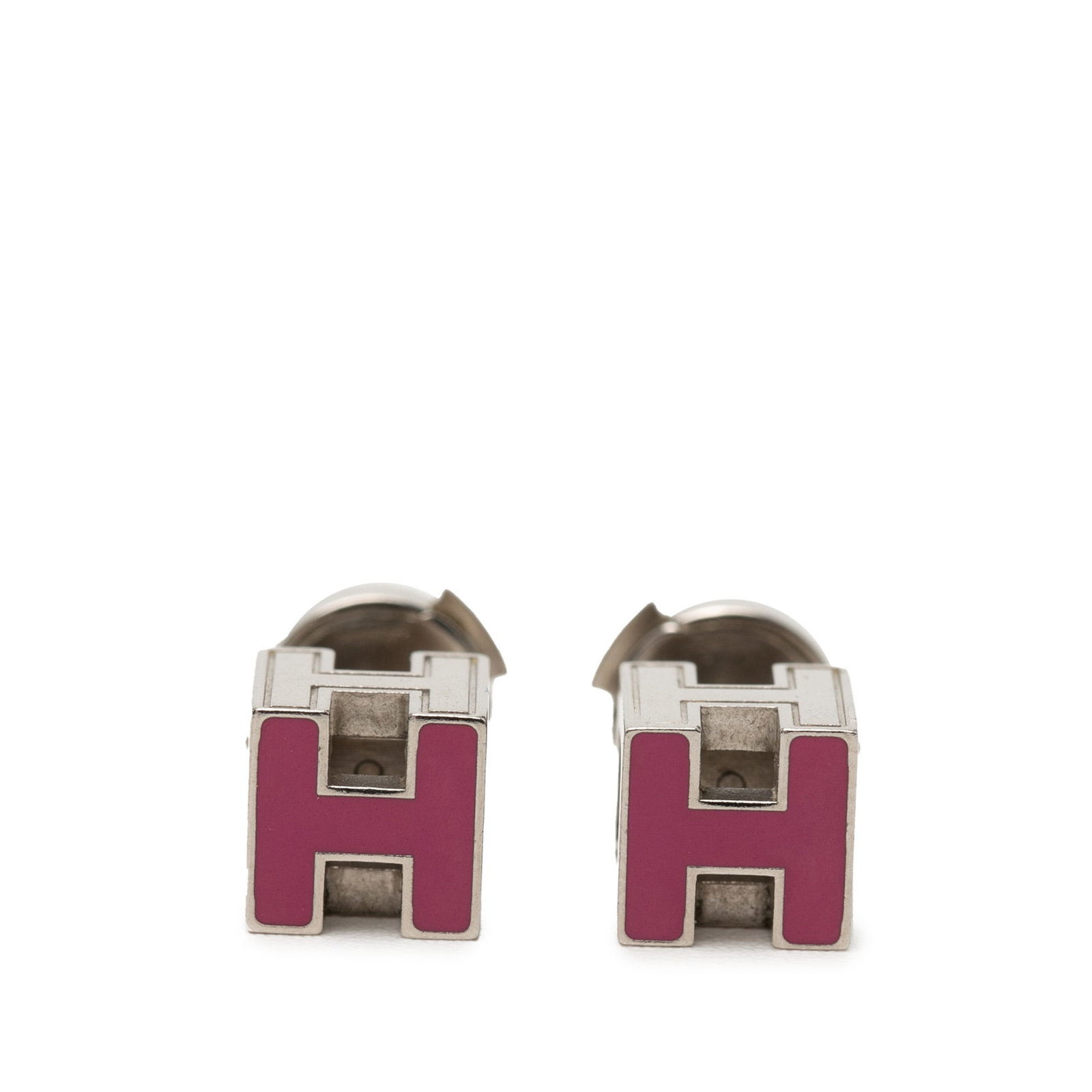 Hermes Purple Enamel Palladium Cage Cube Earrings: Hermes Purple Enamel Palladium Cage Cube Earrings These Hermes earrings feature a striking combination of purple enamel and palladium-plated metal in a distinctive Cage d'H Cube design. They are finis