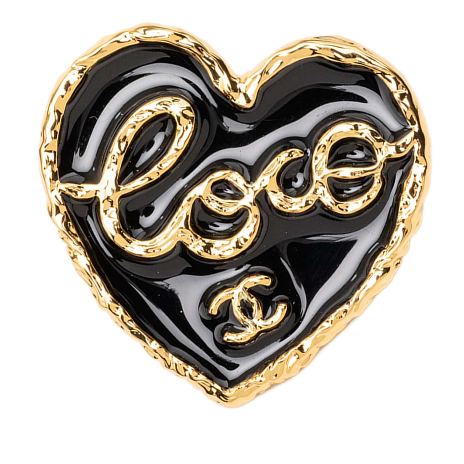 Chanel Heart CC Brooch Gold Plated Enamel: Chanel Heart CC Brooch Gold Plated Enamel This Chanel brooch features a gold-tone metal and enamel construction in a heart-shaped design, accented with the iconic CC logo. It is equipped with a push b