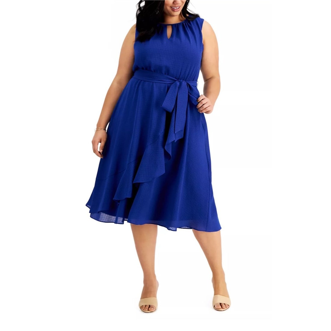 Jessica Howard Plus Size Ruffled Midi Dress 18W Royal Blue Tie Waist (1 of 3)