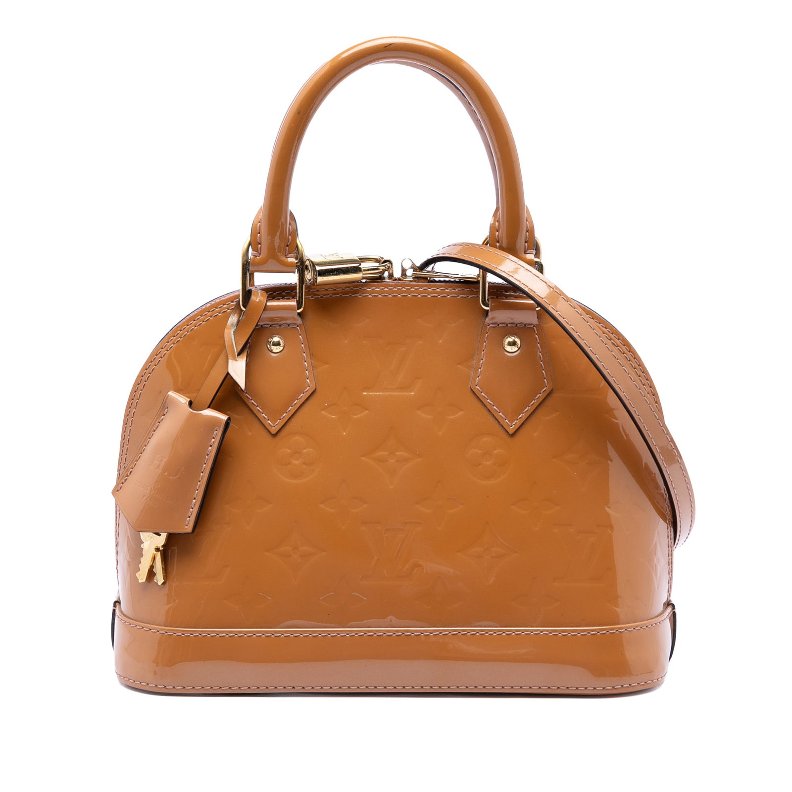 Louis Vuitton Alma BB Monogram Vernis Leather Handbag: Louis Vuitton Alma BB Monogram Vernis Leather Handbag Louis Vuitton Monogram Vernis Alma BB bag in brown leather, made in France. It features a vernis leather body, rolled leather handles, a detachabl