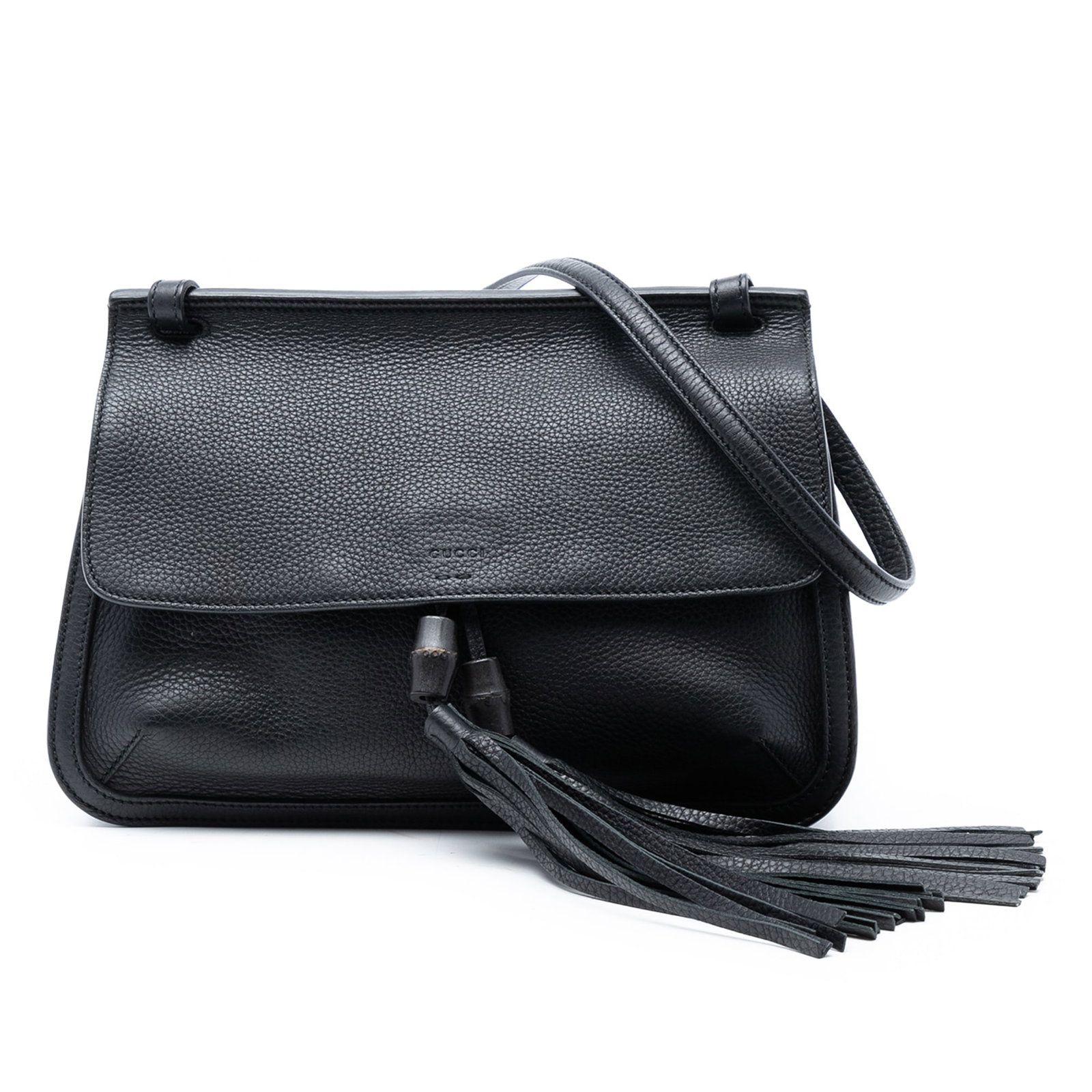 Gucci Bamboo Daily leather crossbody bag medium: Gucci Bamboo Daily leather crossbody bag medium This Gucci Medium Leather Bamboo Daily Crossbody features a black leather body accented with signature bamboo-detailed leather tassels. It is designed w