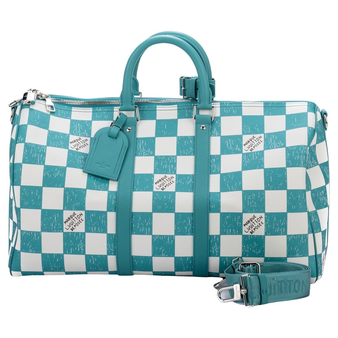 Louis Vuitton Abloh x Keepall Bandouliere 45 Teal Leather Bag: Louis Vuitton Abloh x Keepall Bandouliere 45 Teal Leather Bag Introducing the Abloh x Vuitton Keepall Bandouliere 45, a stunning collaboration between renowned designer Louis Vuitton. This luxurious t