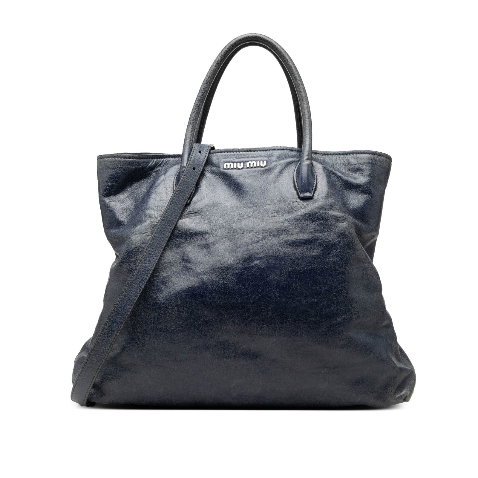 Miu Miu Crinkled Calfskin Leather Satchel Blue Convertible Tote: Miu Miu Crinkled Calfskin Leather Satchel Blue Convertible Tote Miu Miu Crinkled Calfskin Convertible Tote in blue leather, made in Italy. This satchel-style bag features rolled leather top handles, a