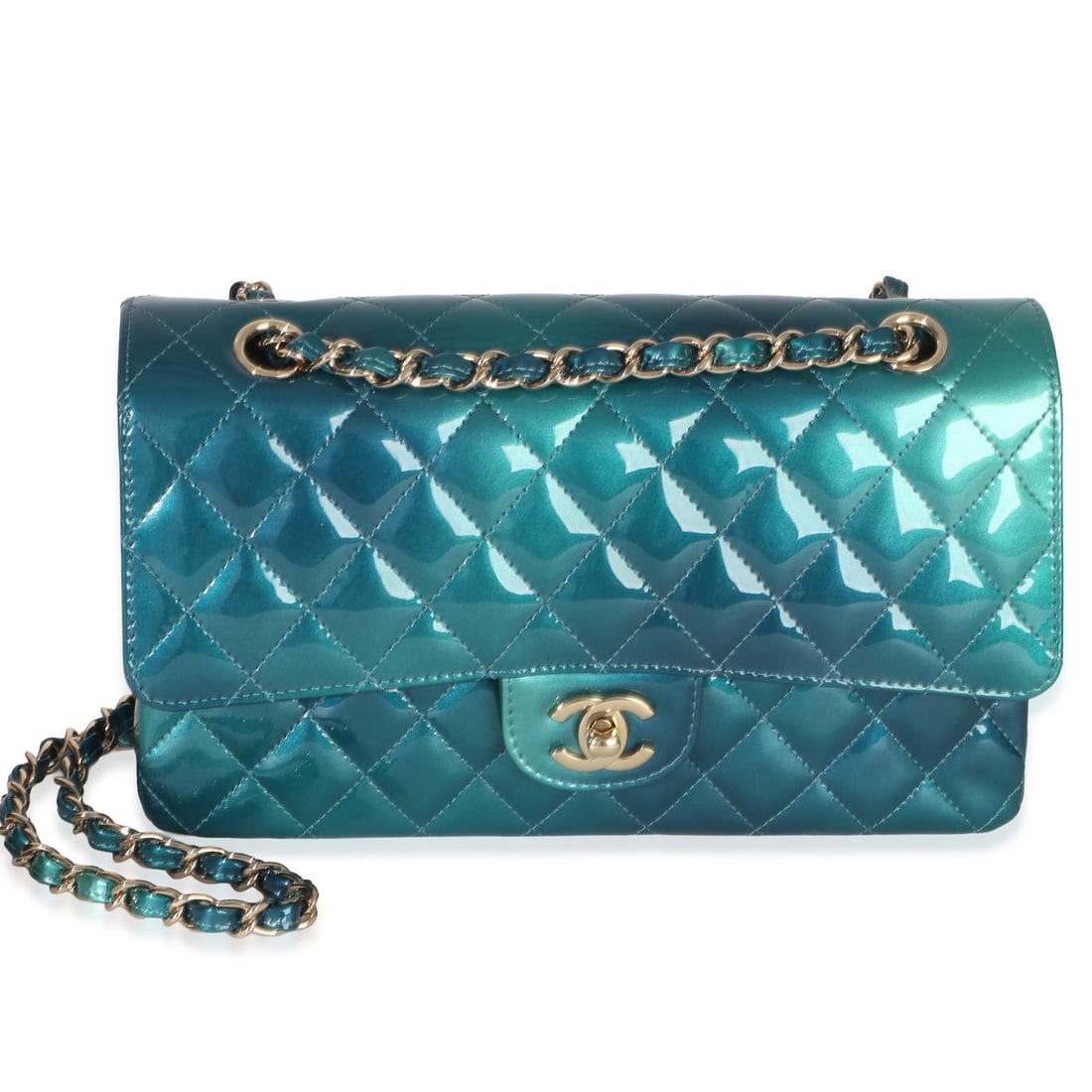 Chanel Medium Double Flap Patent Leather Shoulder Bag: Chanel Medium Double Flap Patent Leather Shoulder Bag This Chanel Medium Classic Double Flap Bag features a distinctive green and blue shaded quilted patent leather exterior, complemented by gold-tone