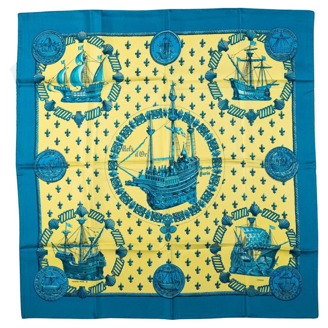 Hermes Nefs d'Or 100% Silk Scarf by Ledoux Blue Yellow: Hermes Nefs d'Or 100% Silk Scarf by Ledoux Blue Yellow Elevate your accessory collection with this exquisite Hermes Nefs d'Or Silk Scarf designed by the collectible artist Ledoux. Crafted from 100% si