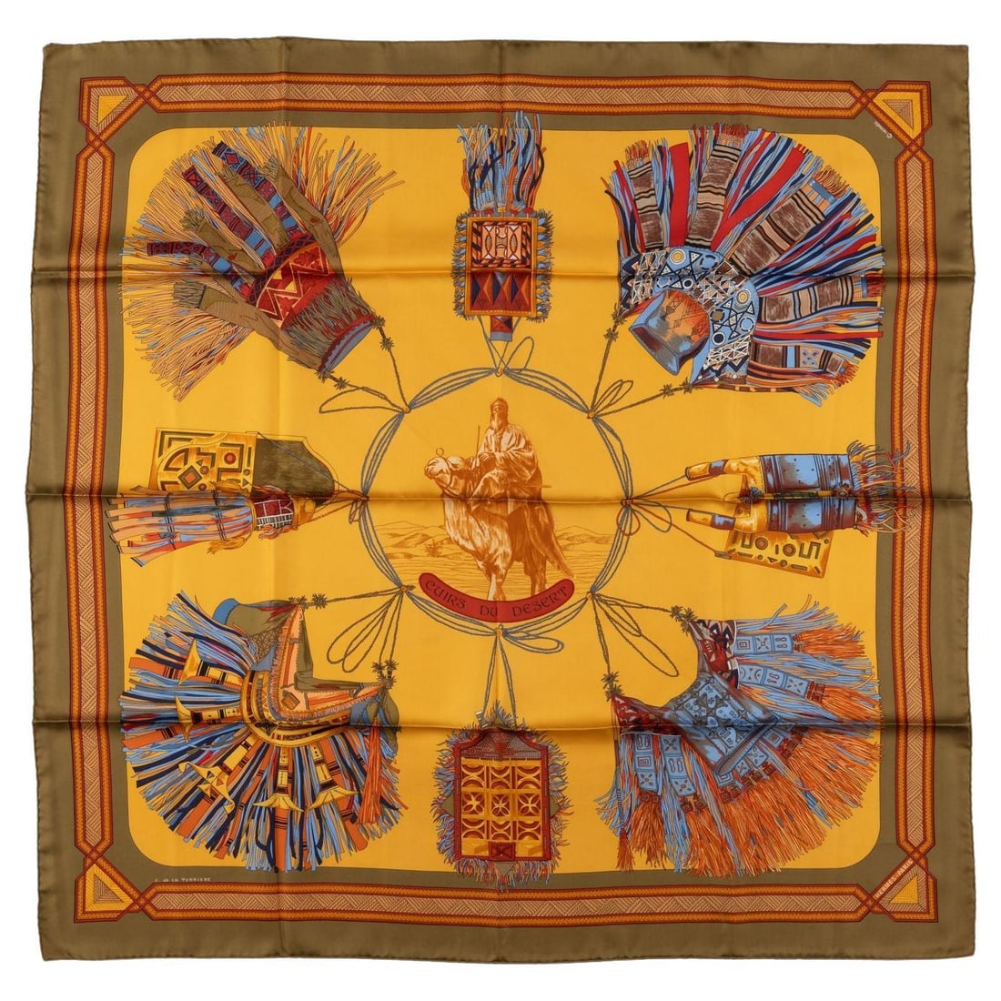 Hermes Cuirs du Desert Silk Scarf 35 in Multi-Color Gold-Toned: Hermes Cuirs du Desert Silk Scarf 35 in Multi-Color Gold-Toned Elevate your style with this exquisite Hermes "Cuirs du Desert" Silk Scarf, designed by Francoise De La Perriere. Crafted from 100% silk,