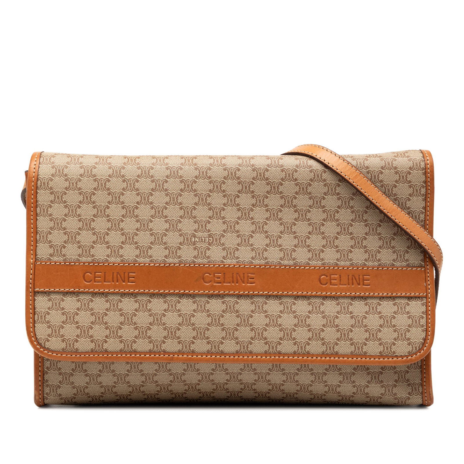 Celine Macadam beige coated canvas crossbody bag: Celine Macadam beige coated canvas crossbody bag This Celine Macadam crossbody bag features a beige coated canvas body with leather trim, a flat leather strap, a front flap with magnetic snap closure,