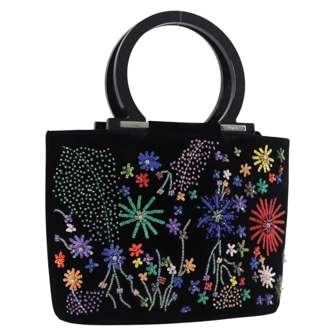 Black Silver Velor Hand Bag Salvatore Ferragamo Italy: Black Silver Velor Hand Bag Salvatore Ferragamo Italy Salvatore Ferragamo women's velor handbag in black and silver, made in Italy. This handbag features a compact silhouette with a short handle drop.