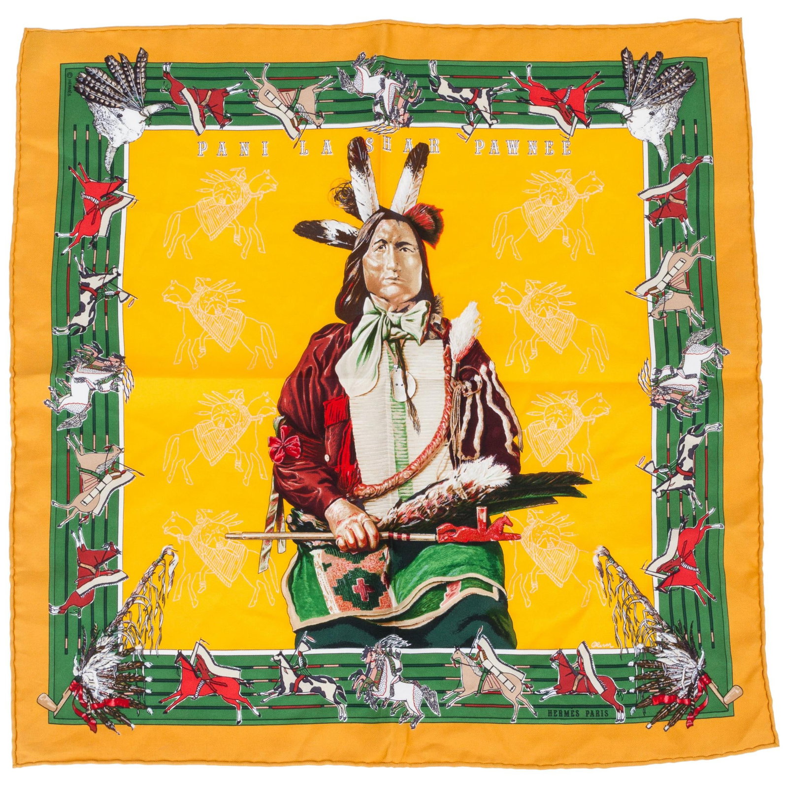 Hermes Kermit Oliver Silk Twill Pochette Scarf: Hermes Kermit Oliver Silk Twill Pochette Scarf This Hermes Pani La Shar Pawnee pochette scarf is crafted from luxurious silk twill and features a striking design by Kermit Oliver. The scarf is finishe