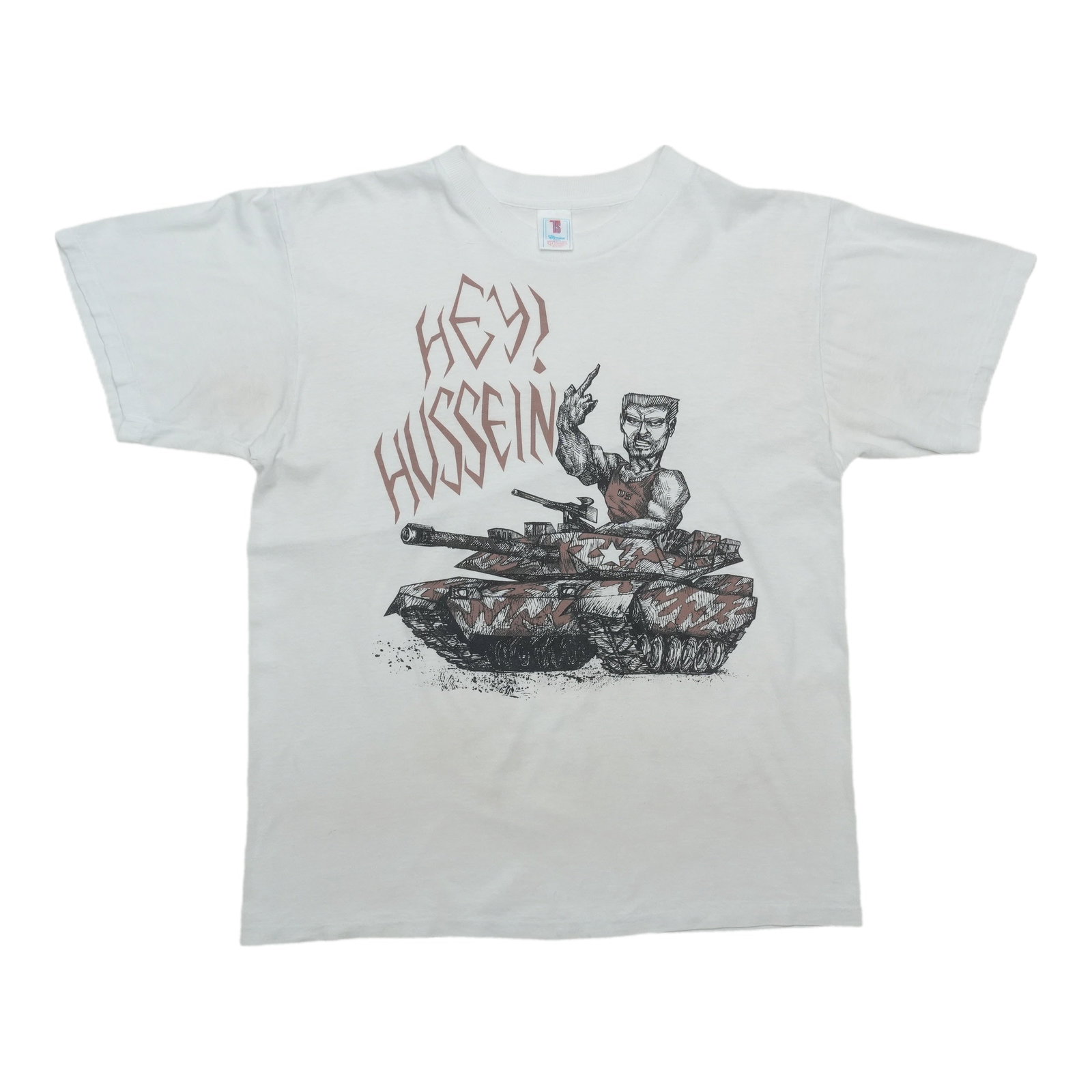 Vintage 1991 Hey Hussein White Cotton T Shirt: Vintage 1991 Hey Hussein White Cotton T Shirt This is an original vintage 1991 "Hey Hussein" Gulf War shirt. The shirt is from the 1990s and is not a modern reproduction. Made from 100% cotton, it fea