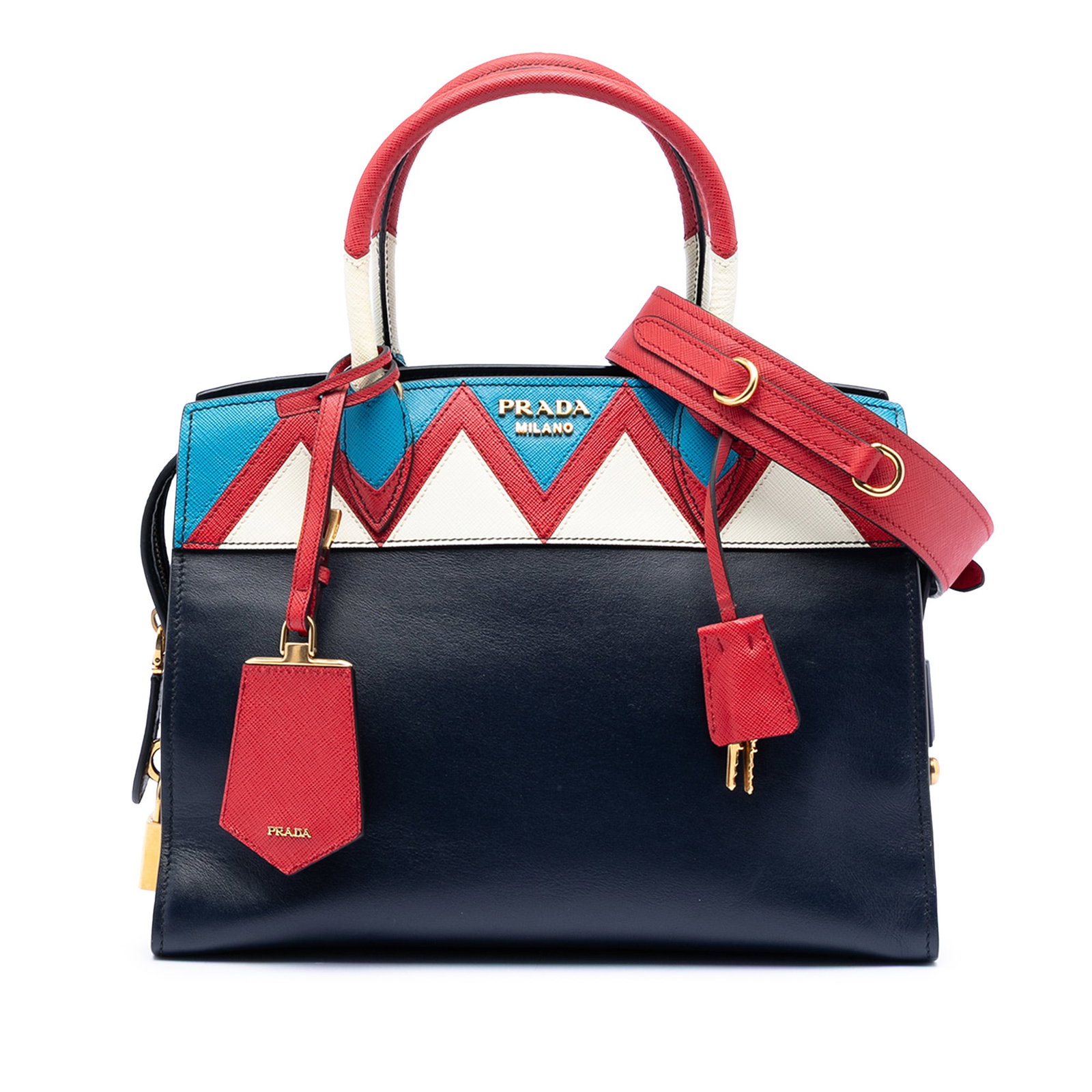 Prada Esplanade Blue Leather Satchel with Saffiano Trim and Shoulder Strap: Prada Esplanade Blue Leather Satchel with Saffiano Trim and Shoulder Strap This Prada Medium Saffiano Trimmed City Calf Greca Esplanade Satchel showcases a refined blue leather body with distinctive s