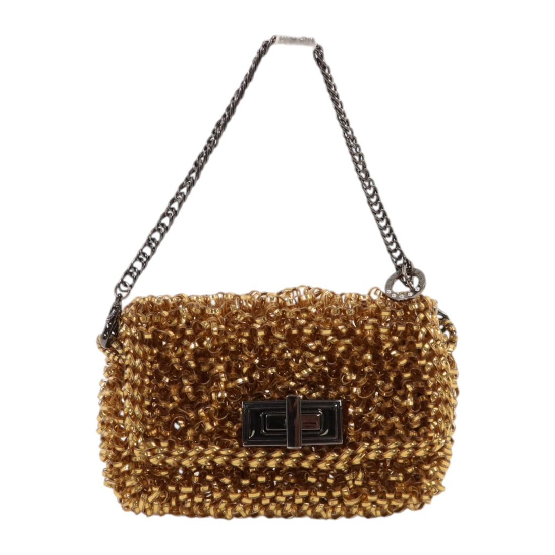 ANTEPRIMA Lucchetto Miniatura PVC Handbag in Gold: ANTEPRIMA Lucchetto Miniatura PVC Handbag in Gold ANTEPRIMA Lucchetto Miniatura handbag in gold PVC, designed for women. It features a turn lock closure, gold frame color, and comes with storage bags.
