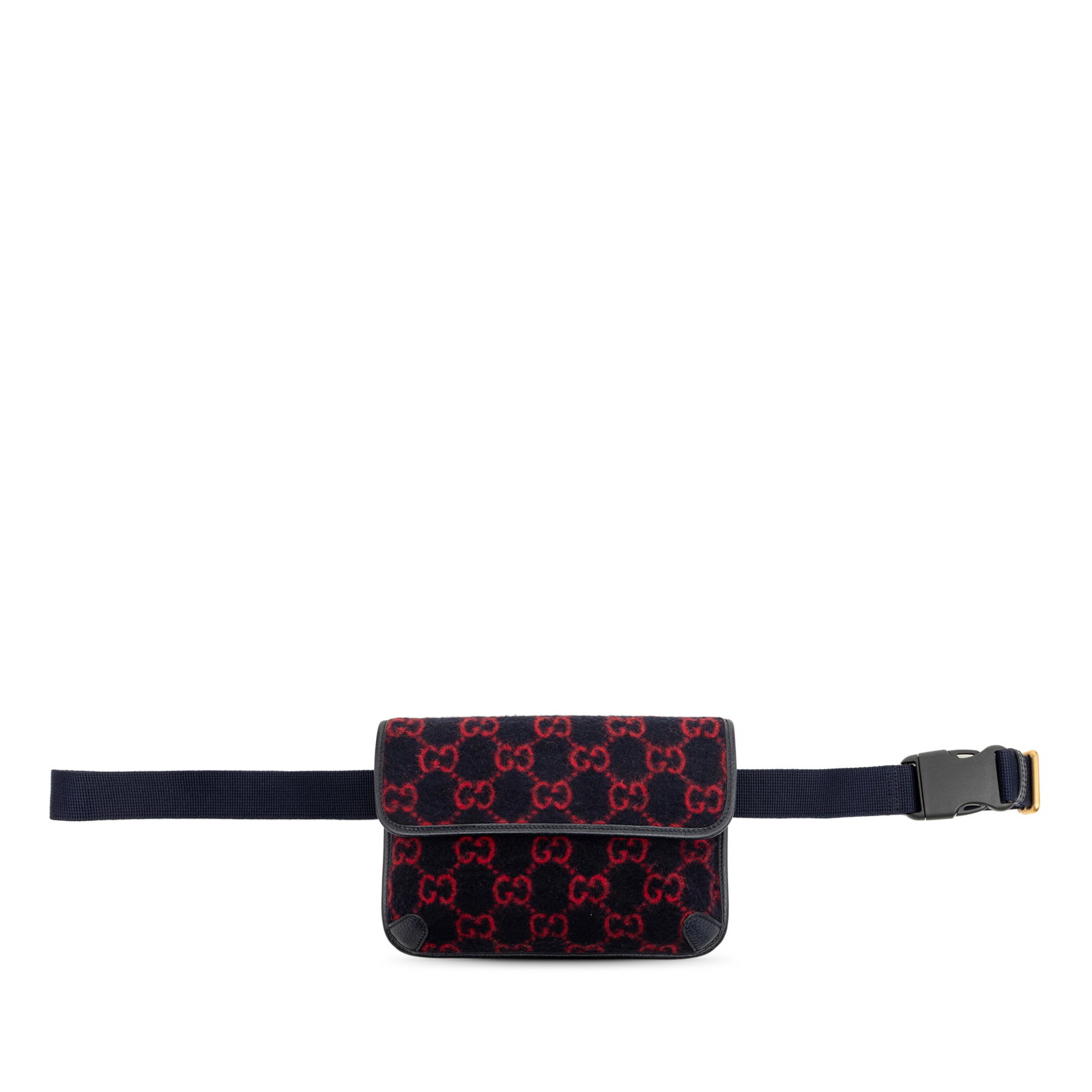 Gucci GG Wool Slim Belt Bag in Black Fabric: Gucci GG Wool Slim Belt Bag in Black Fabric Gucci GG Wool Slim Belt Bag in black, made in Italy. This bag features a wool body with leather trim, an adjustable flat strap, and a flap with magnetic but