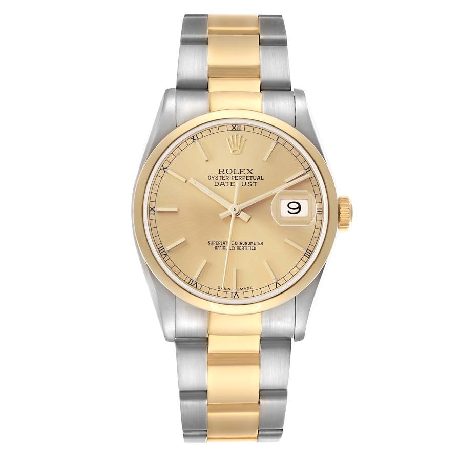 Champagne Stick Dial Rolex Datejust Ref 16203 Oyster Bracelet Papers 2002: Champagne Stick Dial Rolex Datejust Ref 16203 Oyster Bracelet Papers 2002 This Rolex Datejust features a champagne stick dial and a smooth bezel, presented on an Oyster bracelet. The watch is identifi