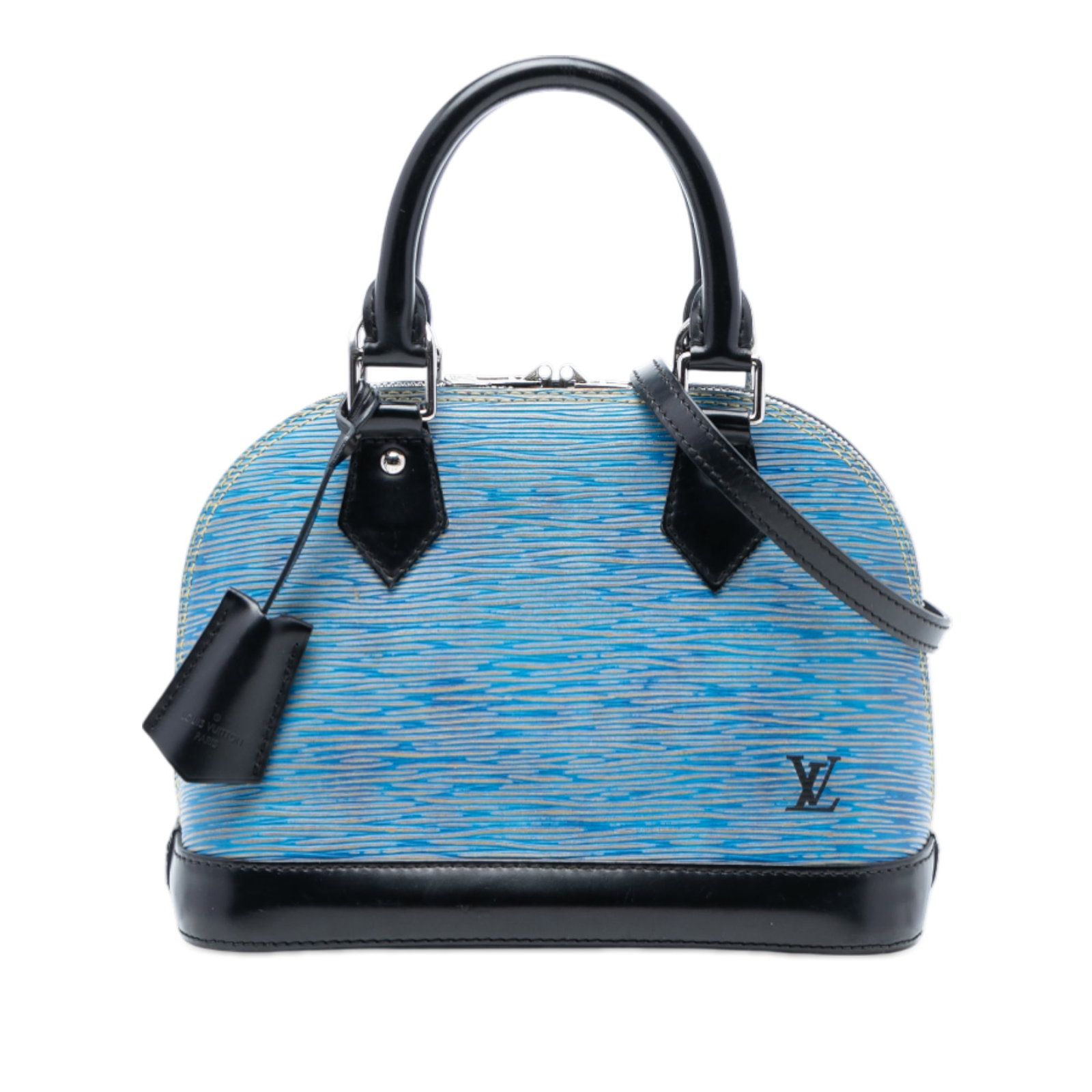 Louis Vuitton Alma BB Epi Denim Blue Leather Bag with Detachable Strap: Louis Vuitton Alma BB Epi Denim Blue Leather Bag with Detachable Strap This Louis Vuitton Epi Denim Alma BB features a blue epi leather body with rolled handles, a detachable strap, a top zip closure,