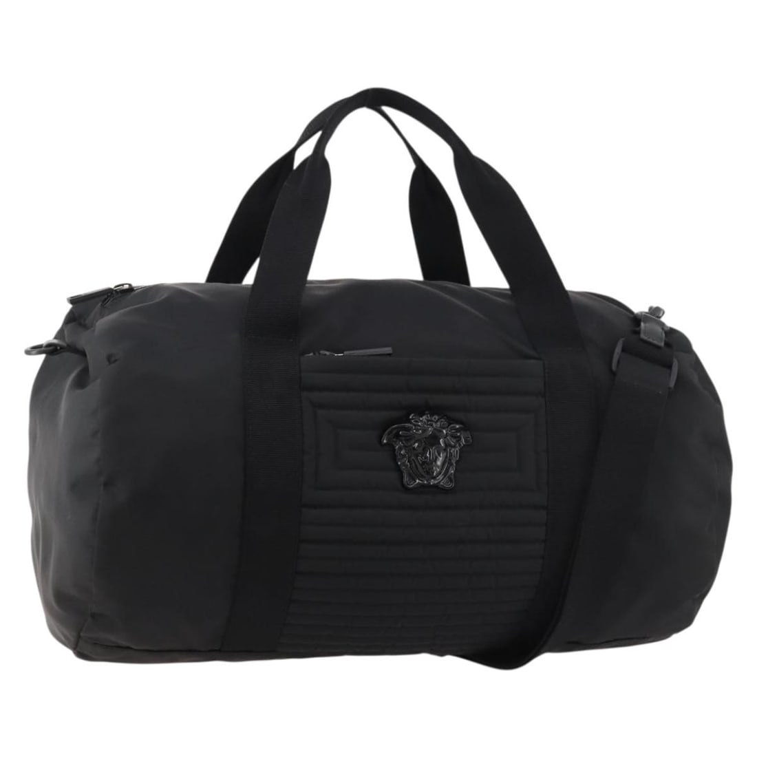 Versace Black Nylon Boston Bag with Shoulder Strap Silver Accents: Versace Black Nylon Boston Bag with Shoulder Strap Silver Accents This VERSACE Boston bag features a black and silver nylon exterior and offers versatile use with both top handles and a detachable sho