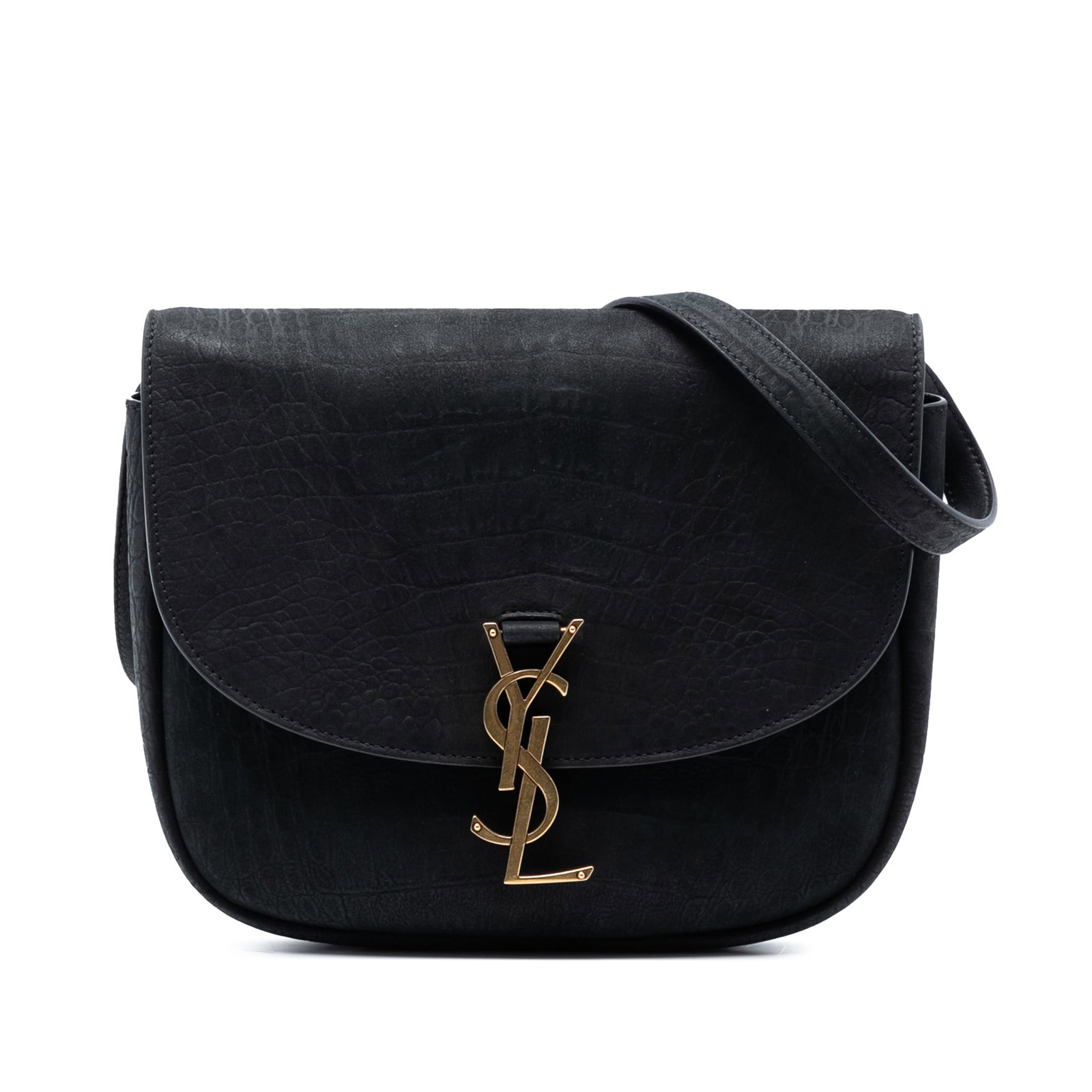 Saint Laurent Kaia Monogram Crossbody in Croc Embossed Nubuck Leather: Saint Laurent Kaia Monogram Crossbody in Croc Embossed Nubuck Leather This Saint Laurent Medium Croc Embossed Nubuck Monogram Kaia Crossbody features a crocodile-embossed nubuck leather body, an adjus