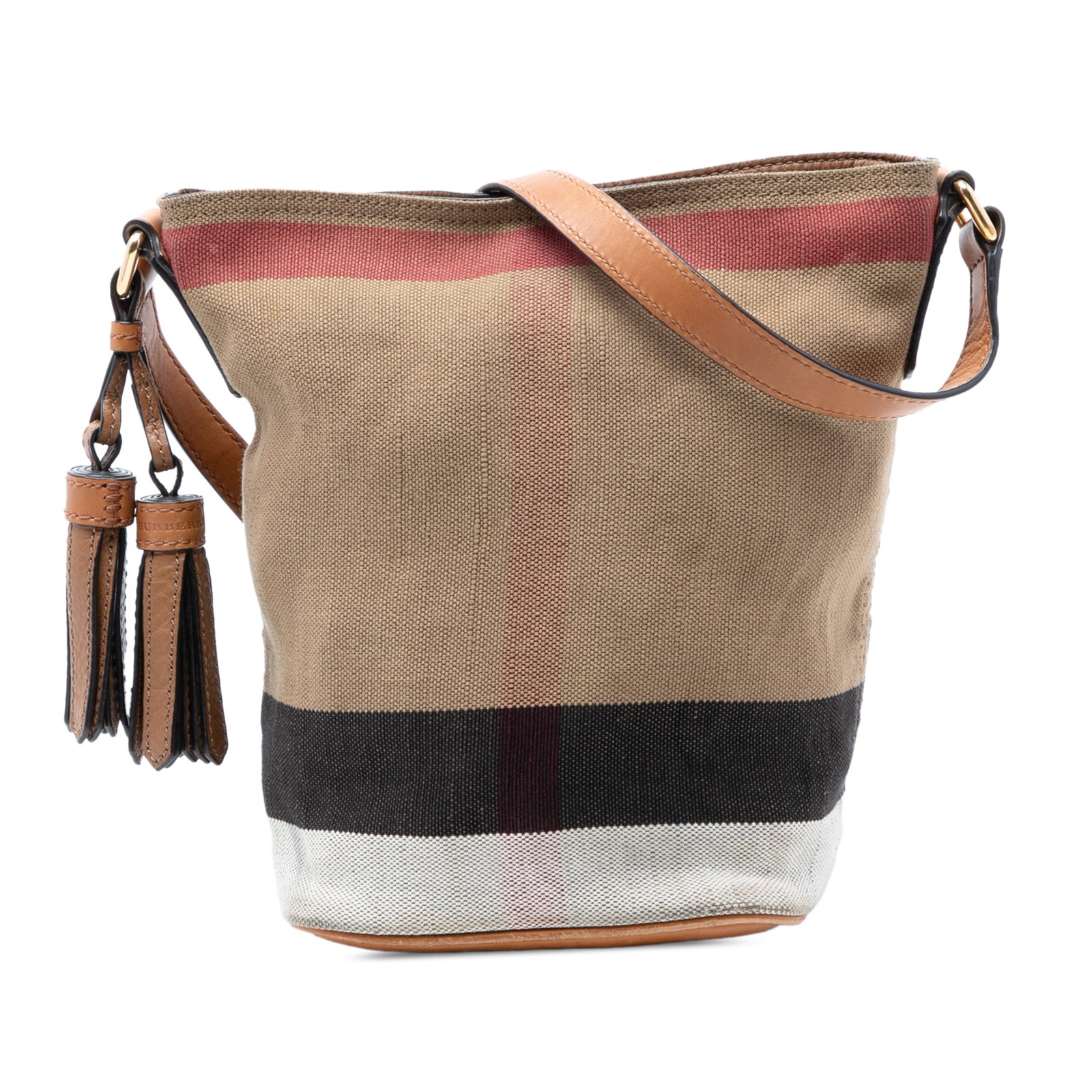 Burberry Ashby Mini Check Canvas Bucket Bag: Burberry Ashby Mini Check Canvas Bucket Bag This Burberry Mini Mega Check Canvas Ashby Tassel Bucket Bag features a canvas body with leather trim, tassel accents, and an adjustable flat leather should