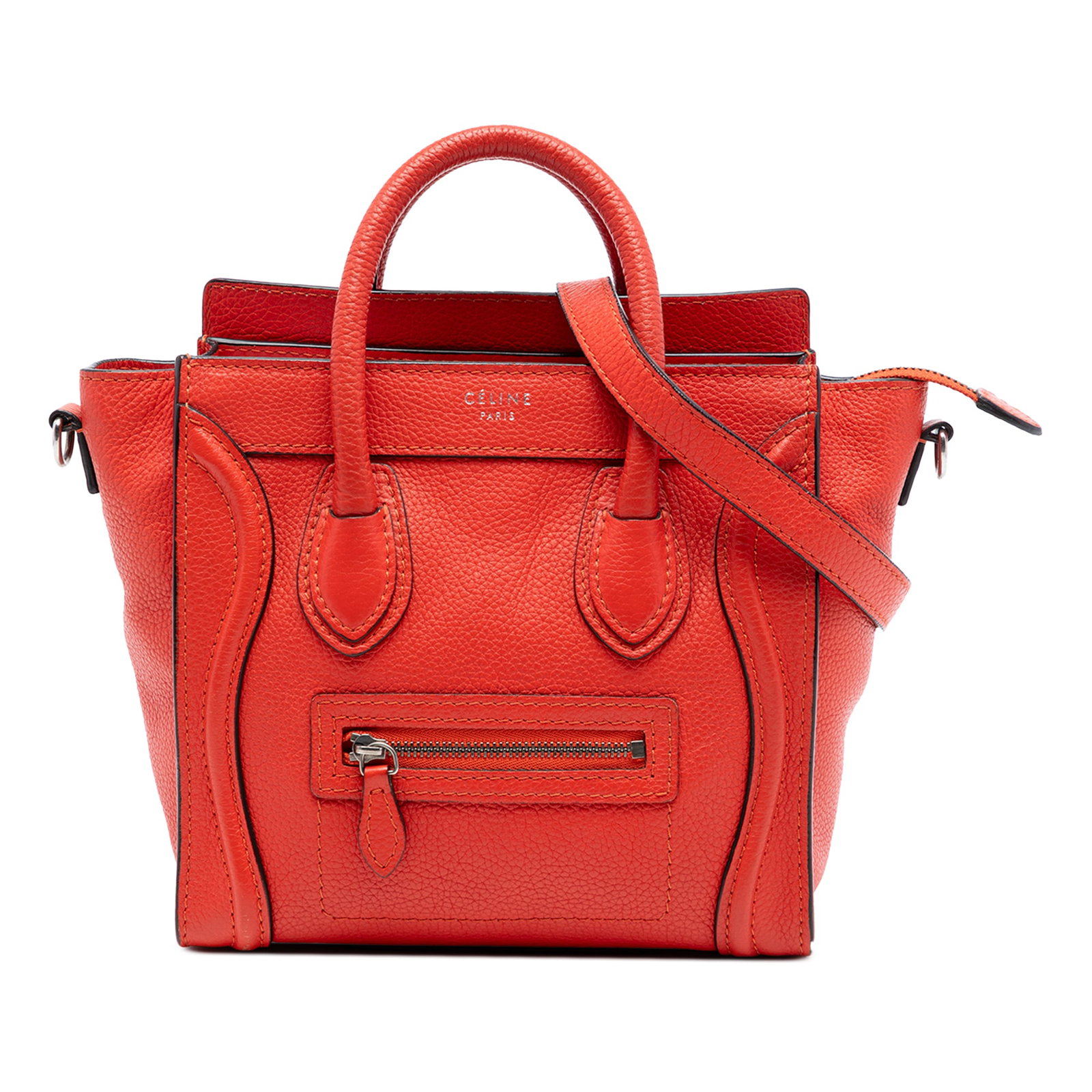 Celine Nano Luggage Leather Handbag with Strap Orange: Celine Nano Luggage Leather Handbag with Strap Orange This Celine Nano Luggage Tote is crafted in orange leather and features rolled leather handles, a detachable strap, a top zip closure, and an exte
