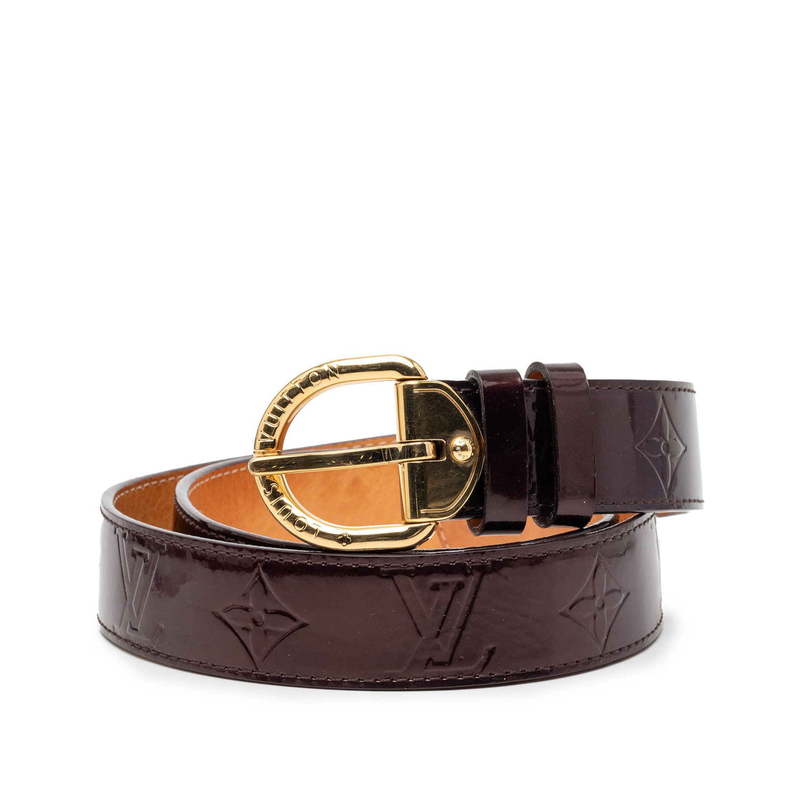 Louis Vuitton Monogram Vernis Purple Leather Belt: Louis Vuitton Monogram Vernis Purple Leather Belt This Louis Vuitton Monogram Vernis Belt is crafted from vernis leather in a striking purple hue and features a gold-tone buckle closure. Made in Spain