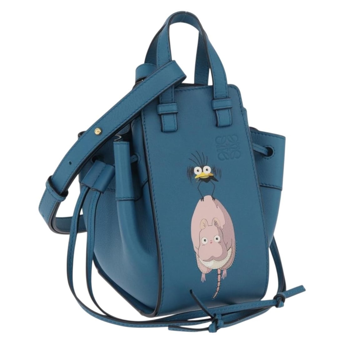 LOEWE Hammock Small Shoulder Bag Spirited Away Flybird Baby Mouse: LOEWE Hammock Small Shoulder Bag Spirited Away Flybird Baby Mouse LOEWE x Ghibli Spirited Away Hammock Small Flybird & Baby Mouse shoulder bag in light blue leather. Made in Spain, this women's bag in