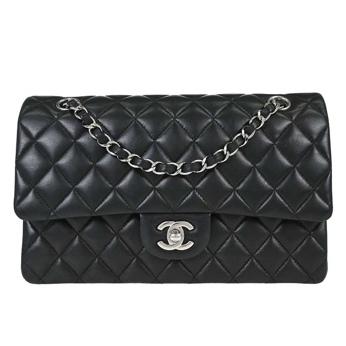 CHANEL Classic Double Flap Medium Shoulder Bag Black Lambskin: CHANEL Classic Double Flap Medium Shoulder Bag Black Lambskin Chanel Medium Classic Double Flap shoulder bag in black lambskin leather with a turn-lock closure and shoulder strap. Made in France, this