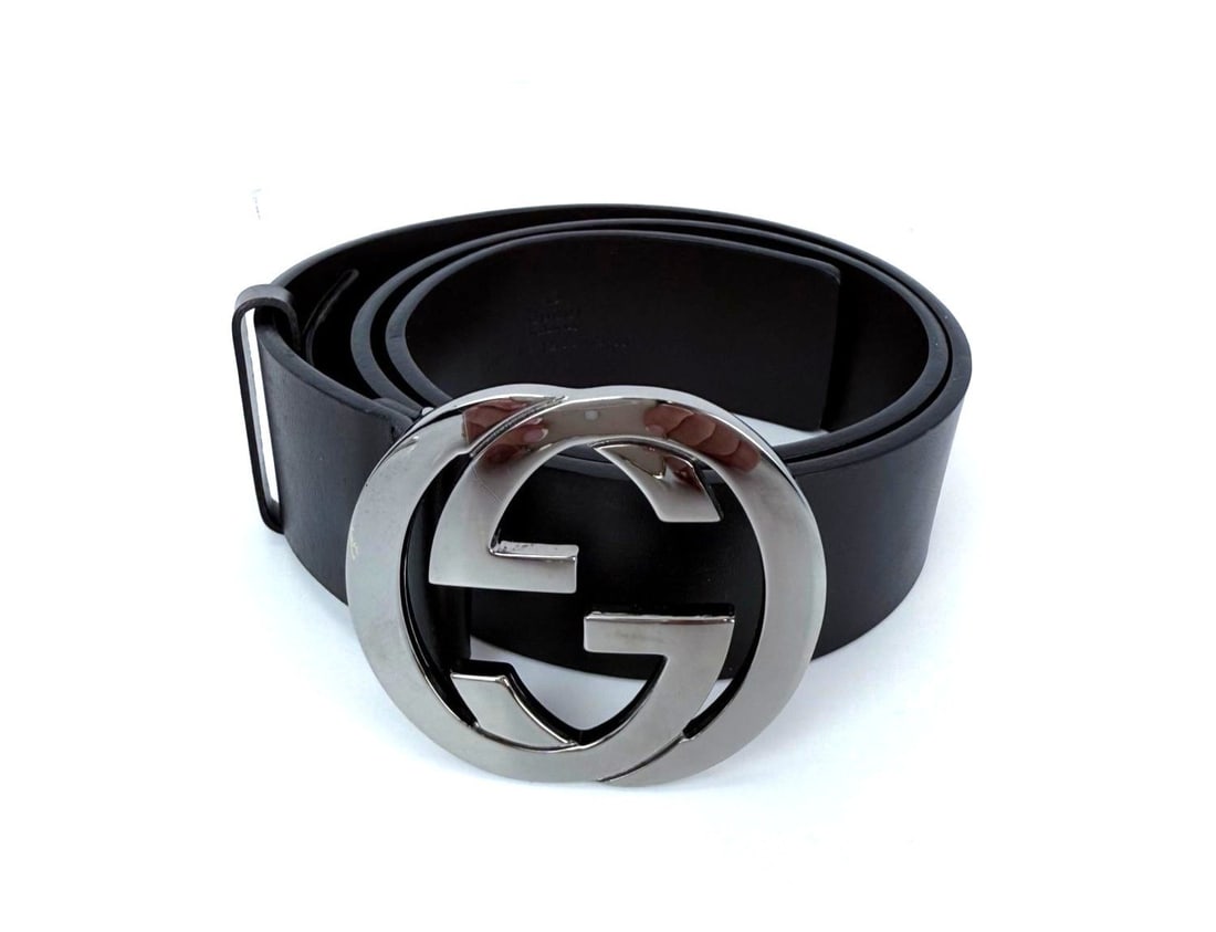 Gucci Brown Leather Dress Belt with Brass Interlocking GG Buckle Size 75 (1 of 14)